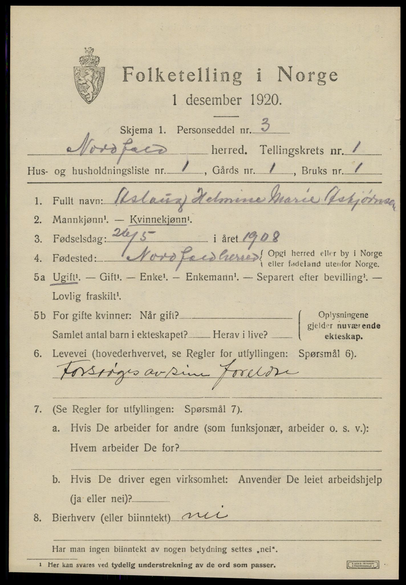 SAT, 1920 census for Nordfold, 1920, p. 517