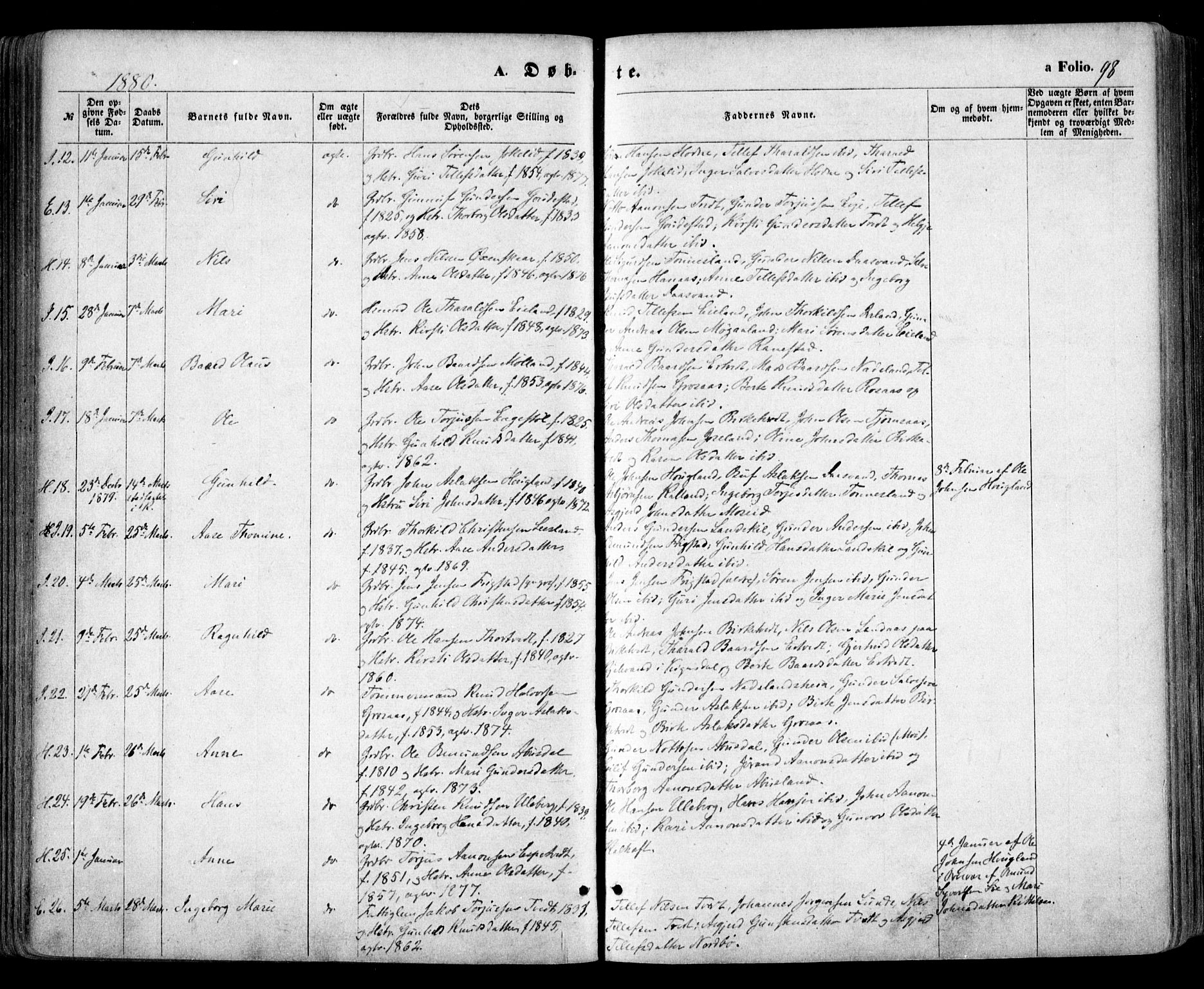 Evje sokneprestkontor, SAK/1111-0008/F/Fa/Faa/L0006: Parish register (official) no. A 6, 1866-1884, p. 98
