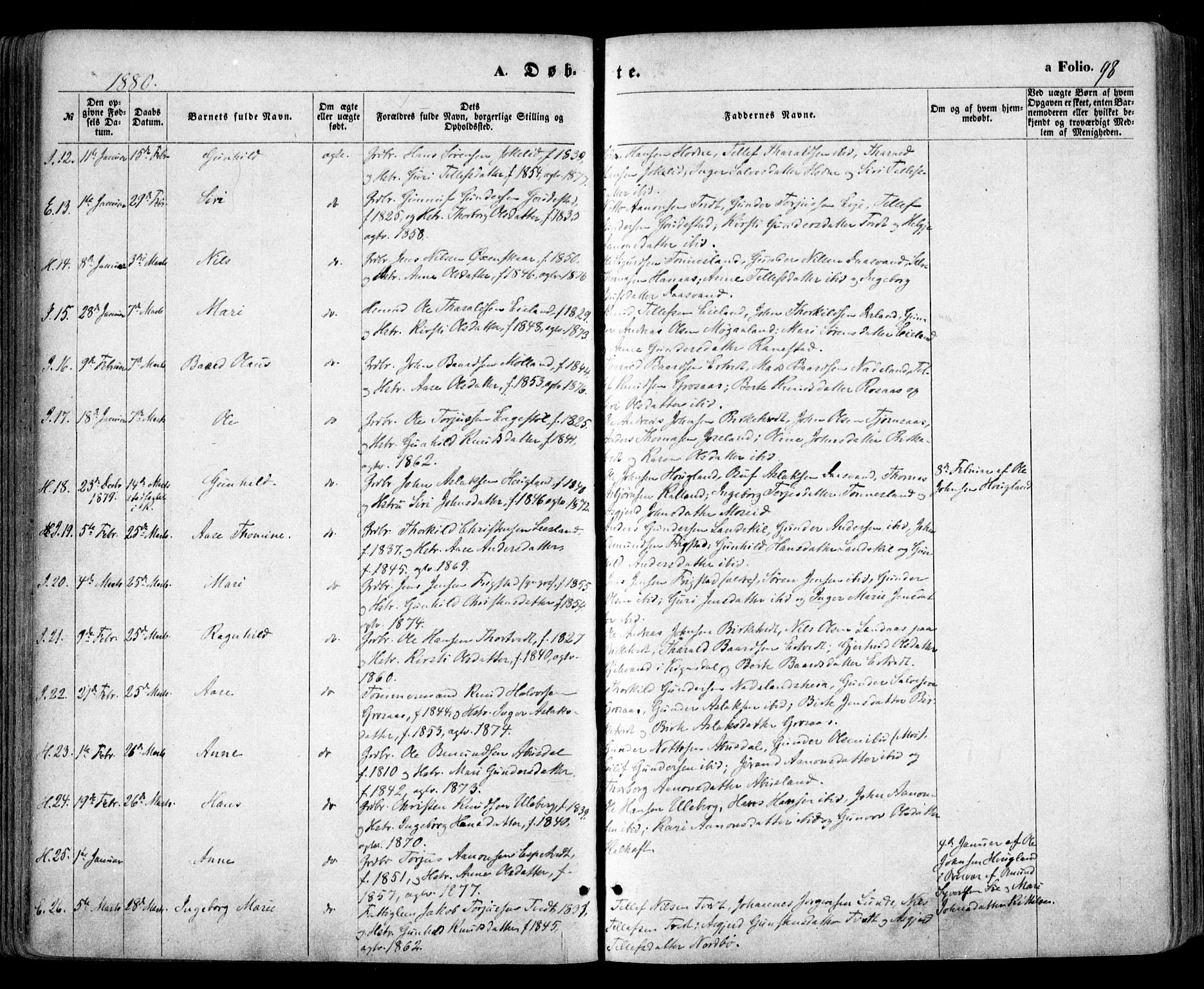 Evje sokneprestkontor, AV/SAK-1111-0008/F/Fa/Faa/L0006: Parish register (official) no. A 6, 1866-1884, p. 98