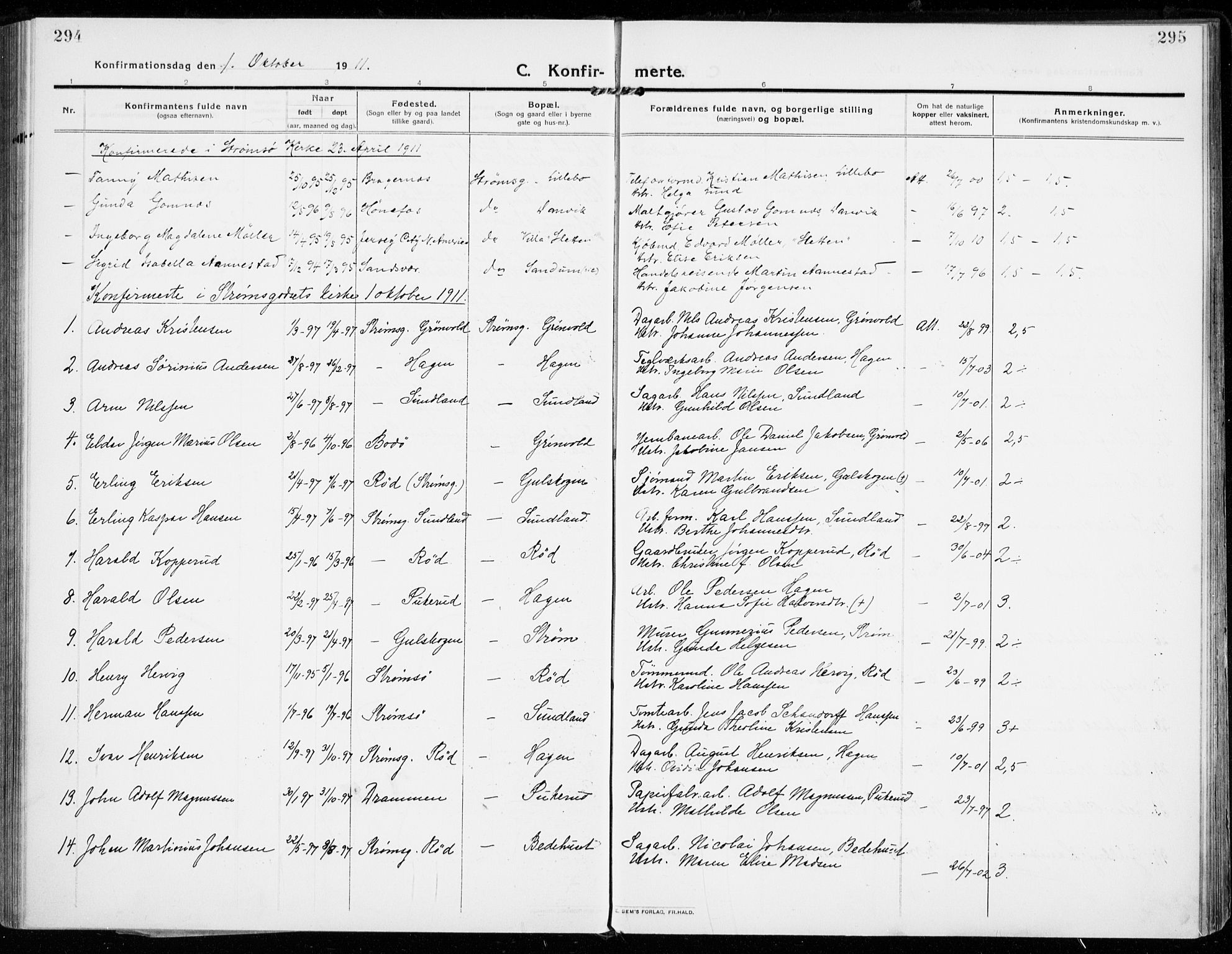 Strømsgodset kirkebøker, SAKO/A-324/F/Fa/L0002: Parish register (official) no. 2, 1910-1920, p. 294-295