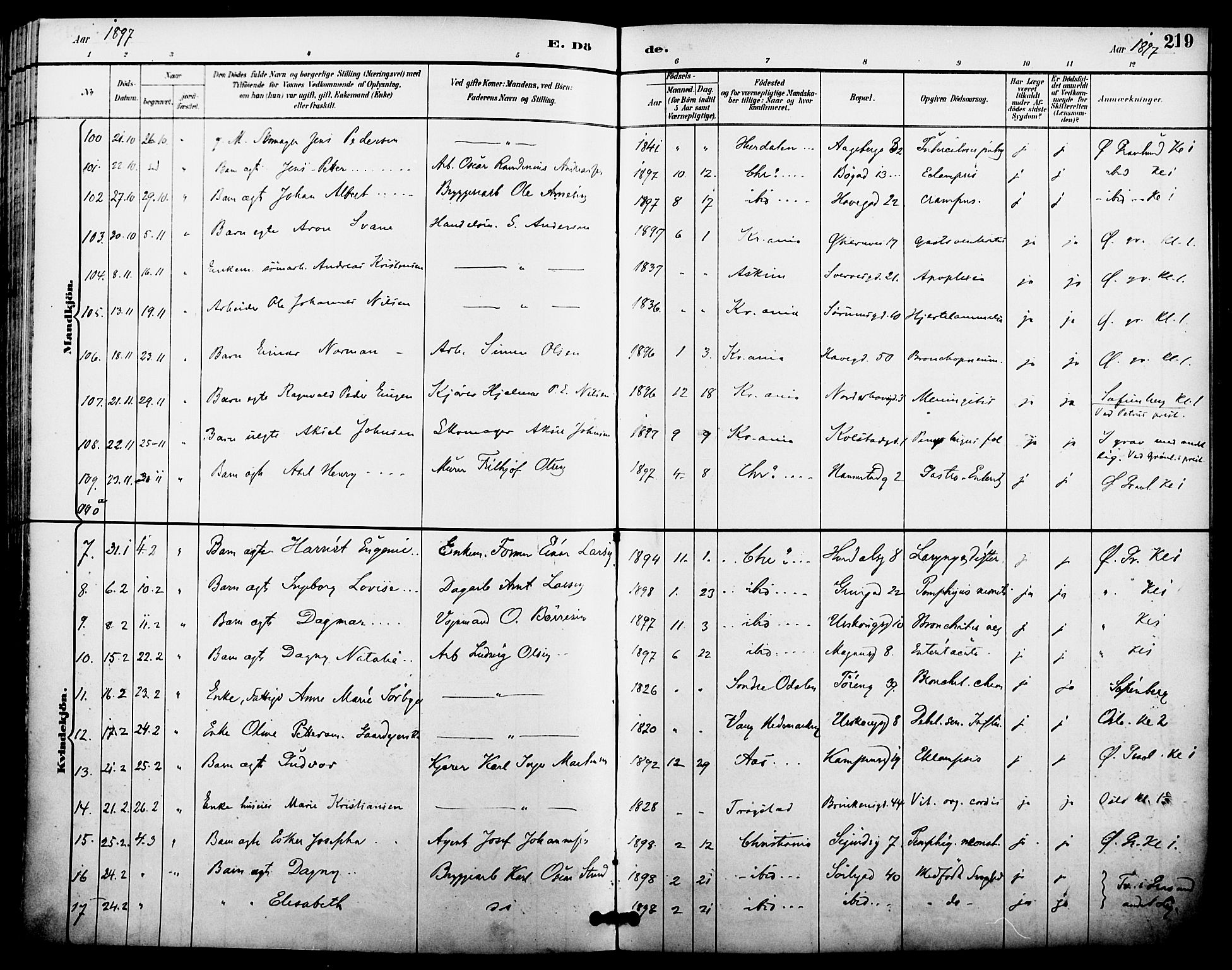 Kampen prestekontor Kirkebøker, SAO/A-10853/F/Fa/L0008: Parish register (official) no. I 8, 1892-1902, p. 219