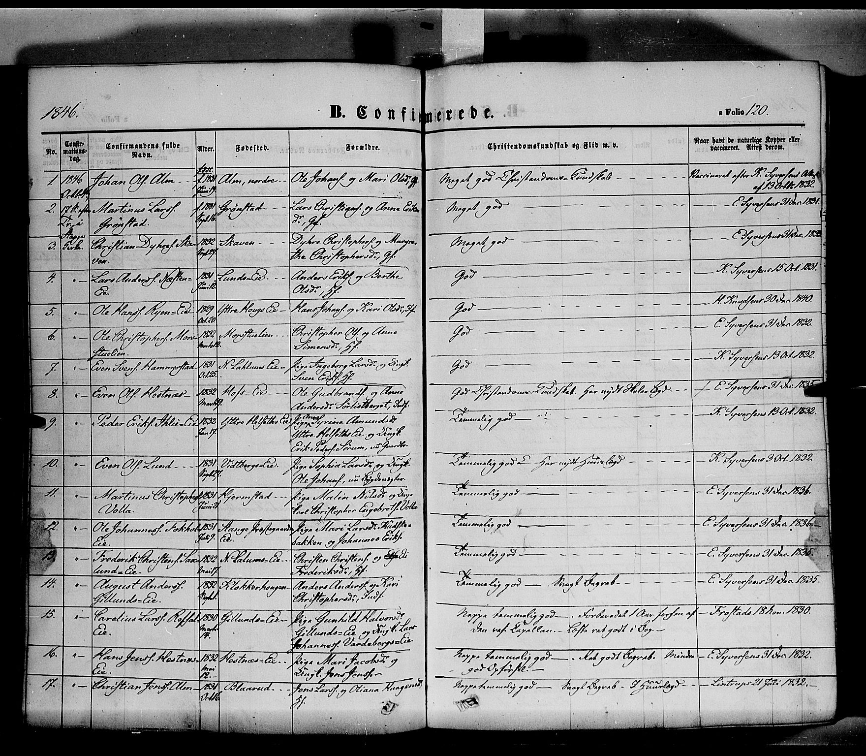 Stange prestekontor, SAH/PREST-002/K/L0011: Parish register (official) no. 11, 1846-1852, p. 120