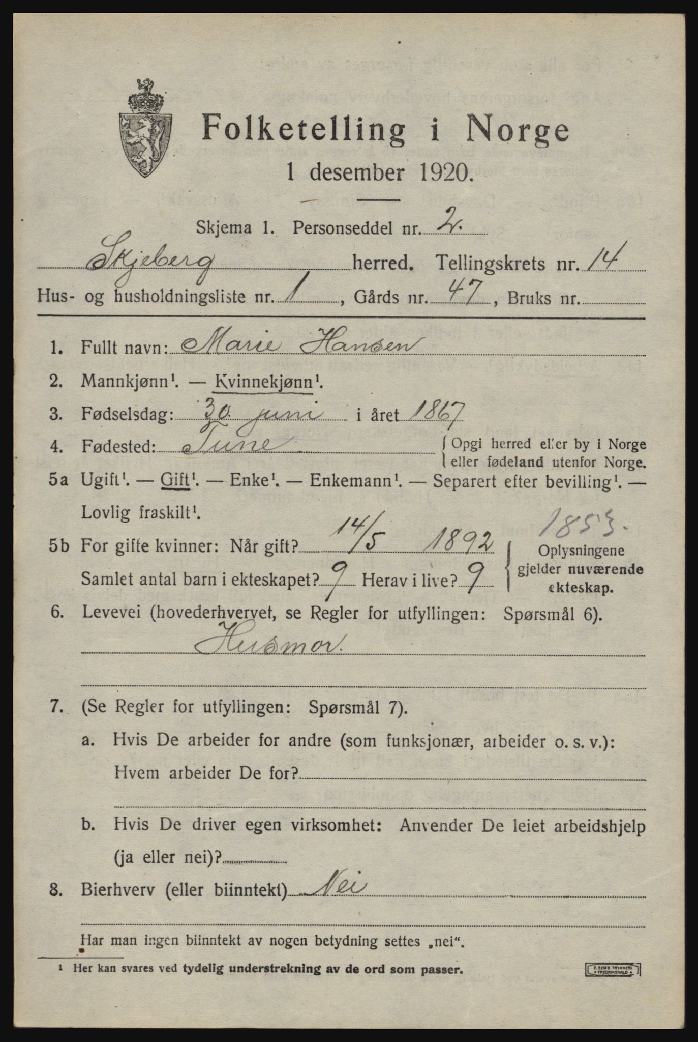 SAO, 1920 census for Skjeberg, 1920, p. 12983