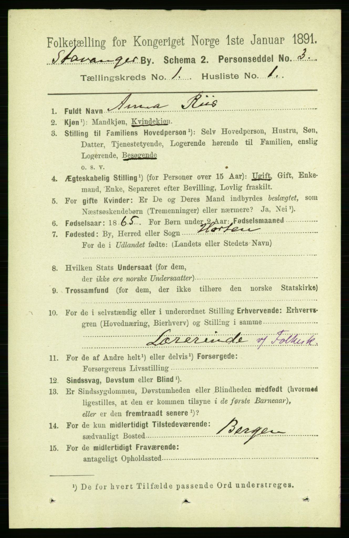 RA, 1891 census for 1103 Stavanger, 1891, p. 5136