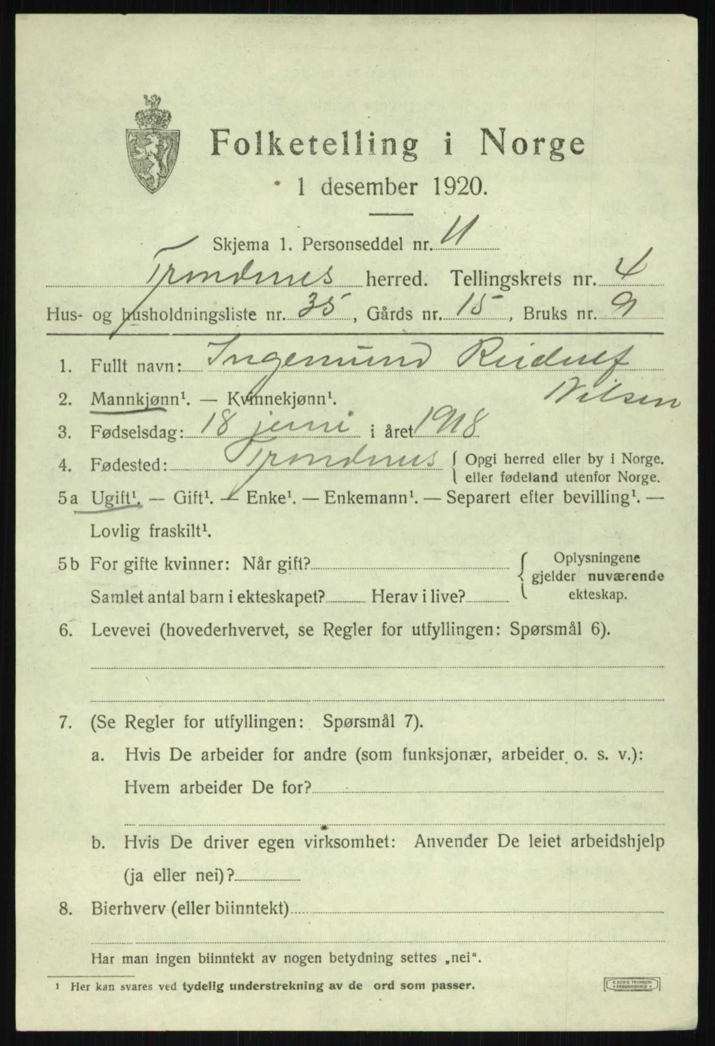 SATØ, 1920 census for Trondenes, 1920, p. 5283