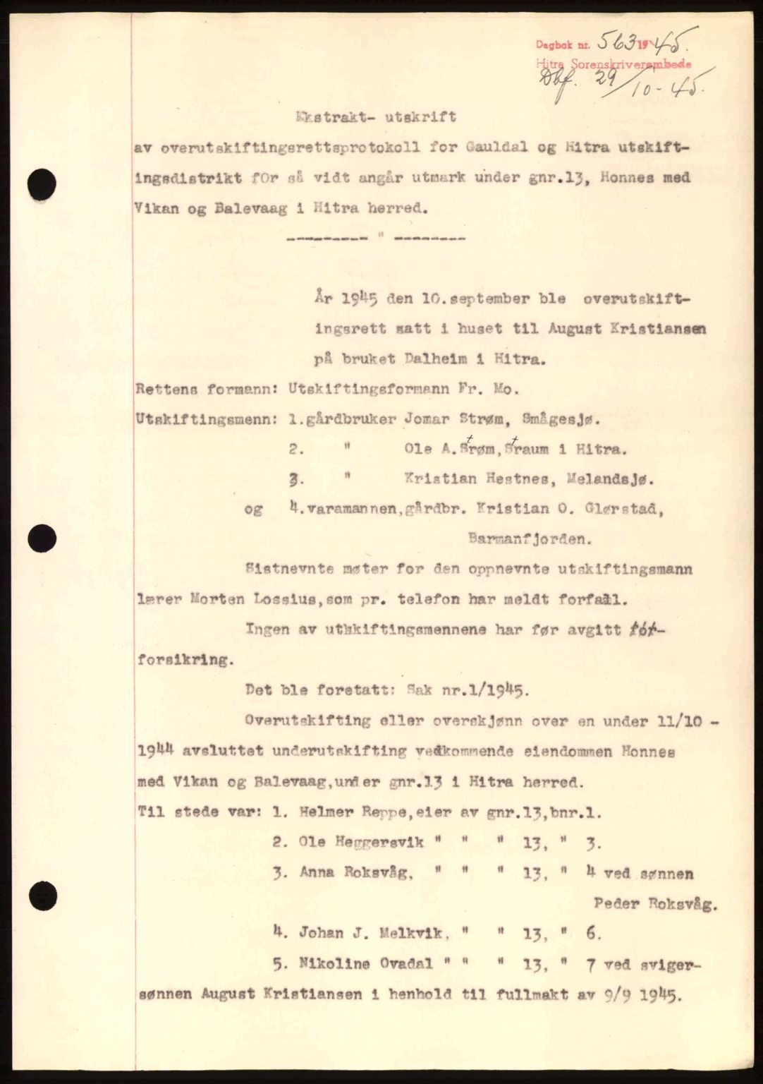 Hitra sorenskriveri, AV/SAT-A-0018/2/2C/2Ca: Mortgage book no. A2, 1943-1945, Diary no: : 563/1945