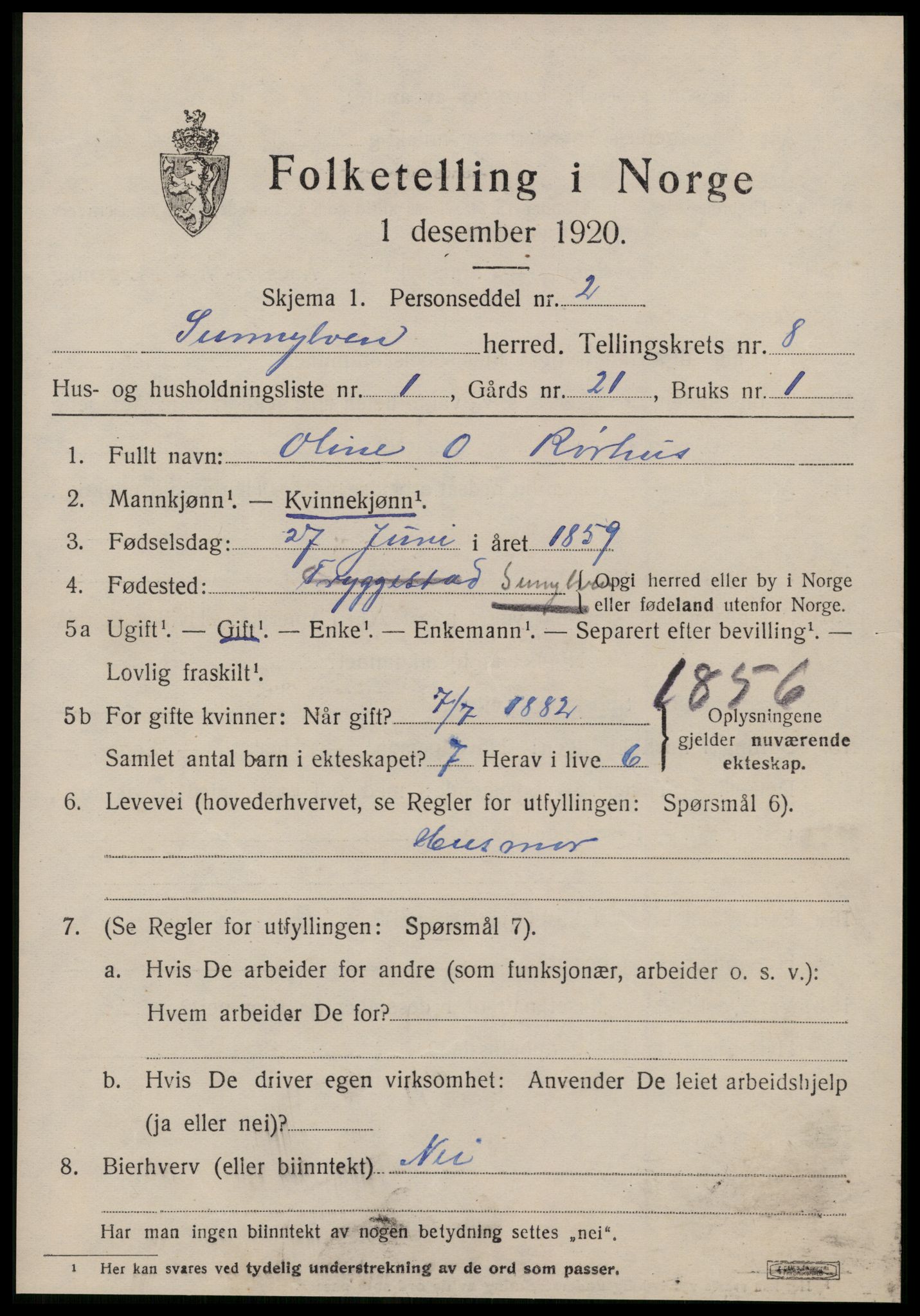 SAT, 1920 census for Sunnylven, 1920, p. 2776