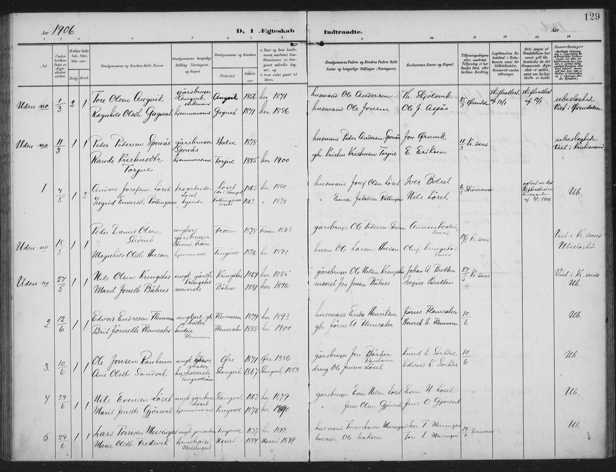 Ministerialprotokoller, klokkerbøker og fødselsregistre - Møre og Romsdal, AV/SAT-A-1454/586/L0989: Parish register (official) no. 586A15, 1906-1915, p. 129