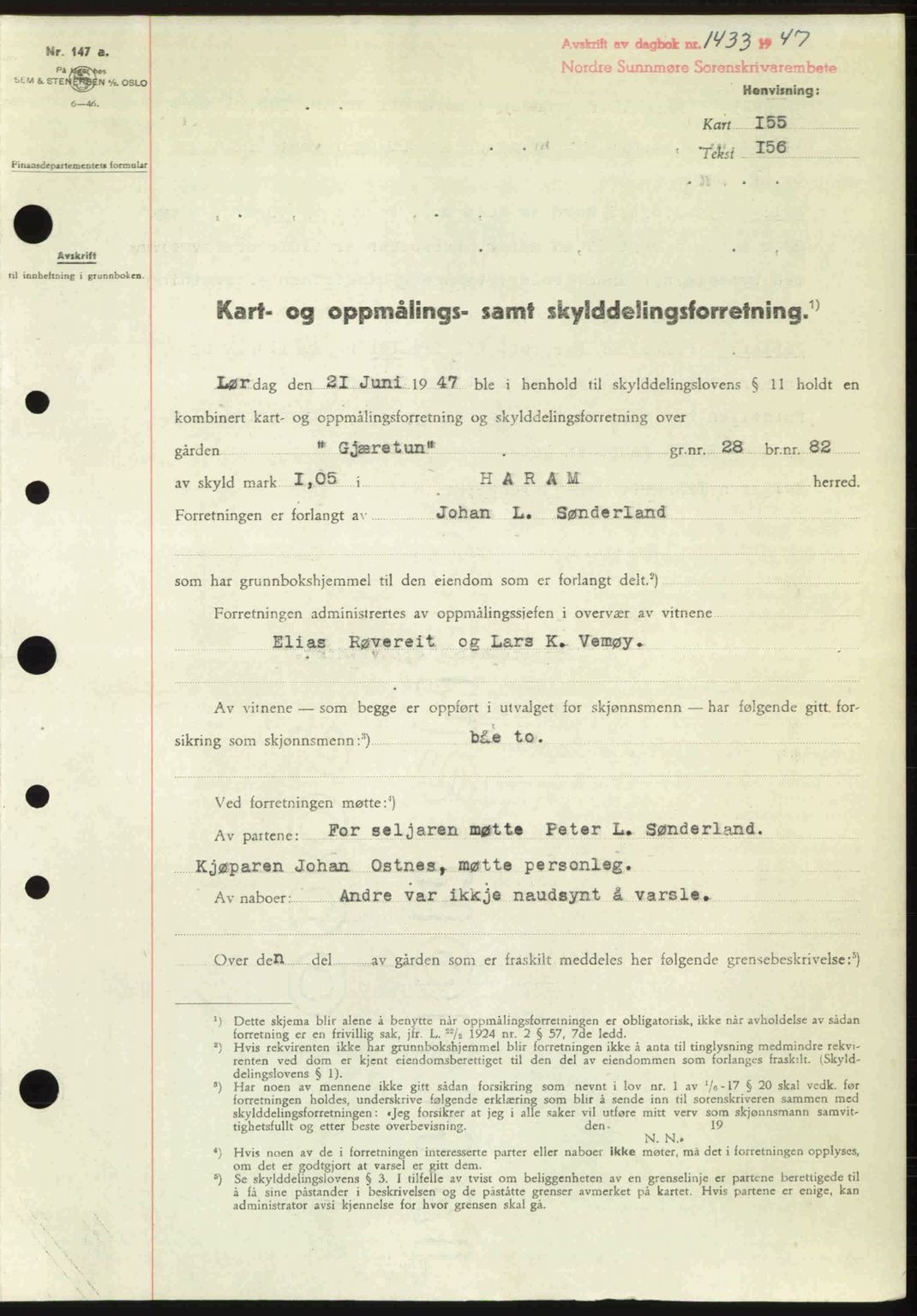 Nordre Sunnmøre sorenskriveri, AV/SAT-A-0006/1/2/2C/2Ca: Mortgage book no. A25, 1947-1947, Diary no: : 1433/1947