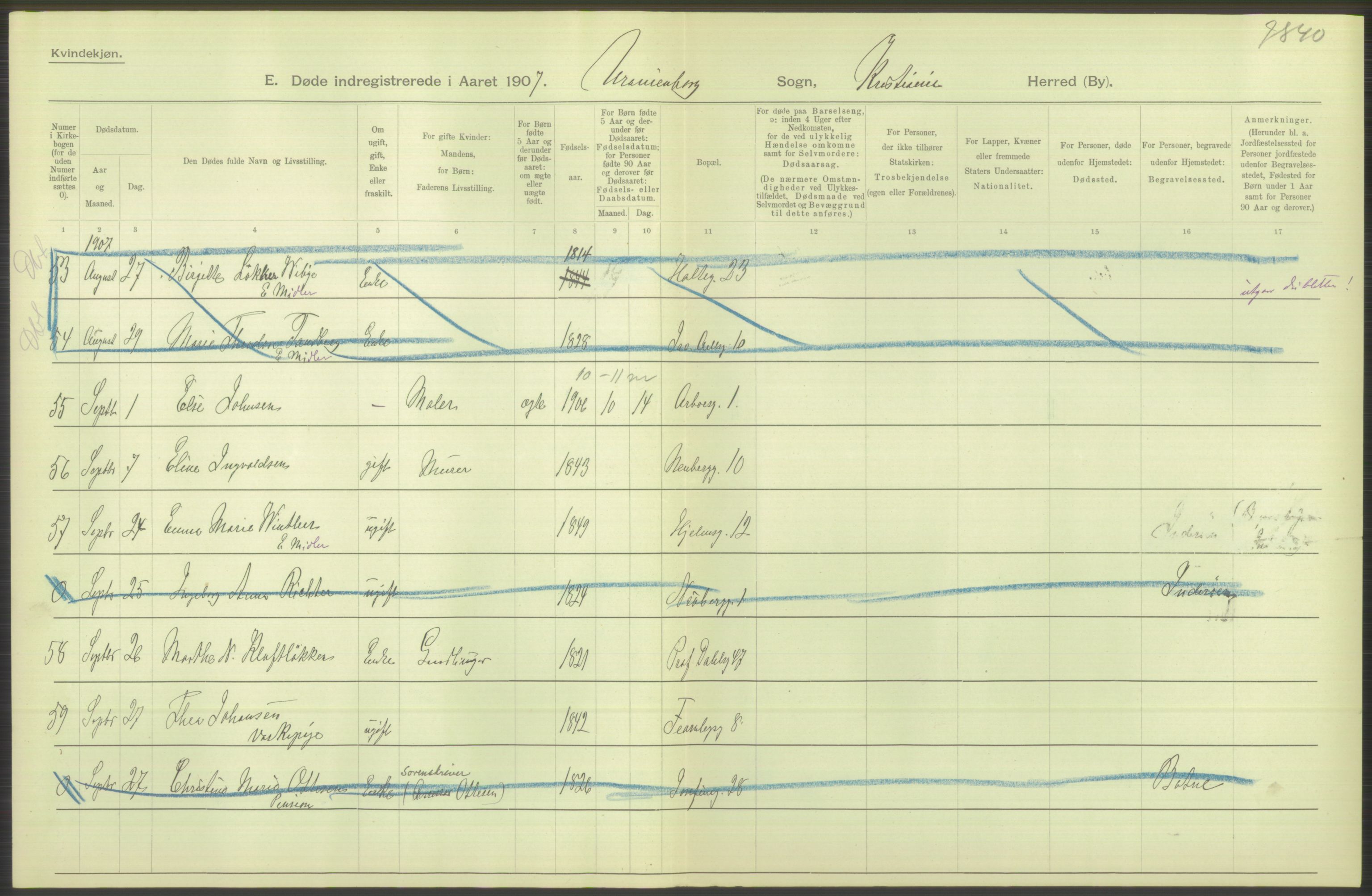 Statistisk sentralbyrå, Sosiodemografiske emner, Befolkning, AV/RA-S-2228/D/Df/Dfa/Dfae/L0009: Kristiania: Døde, 1907, p. 326