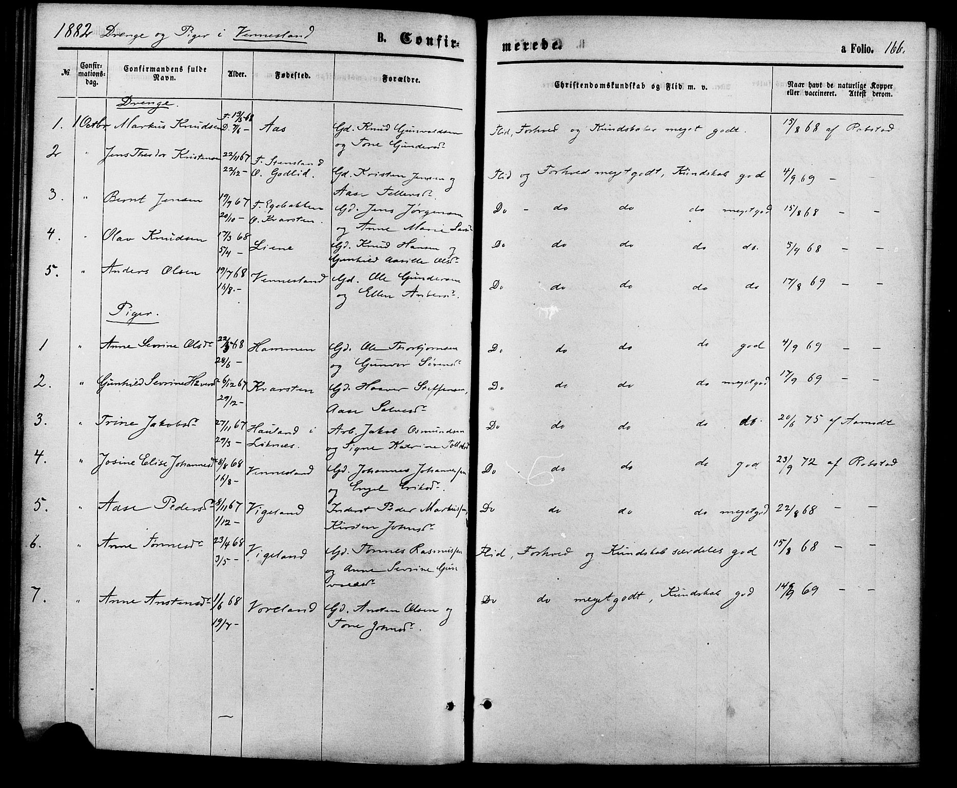 Vennesla sokneprestkontor, AV/SAK-1111-0045/Fa/Fac/L0008: Parish register (official) no. A 8, 1874-1883, p. 166