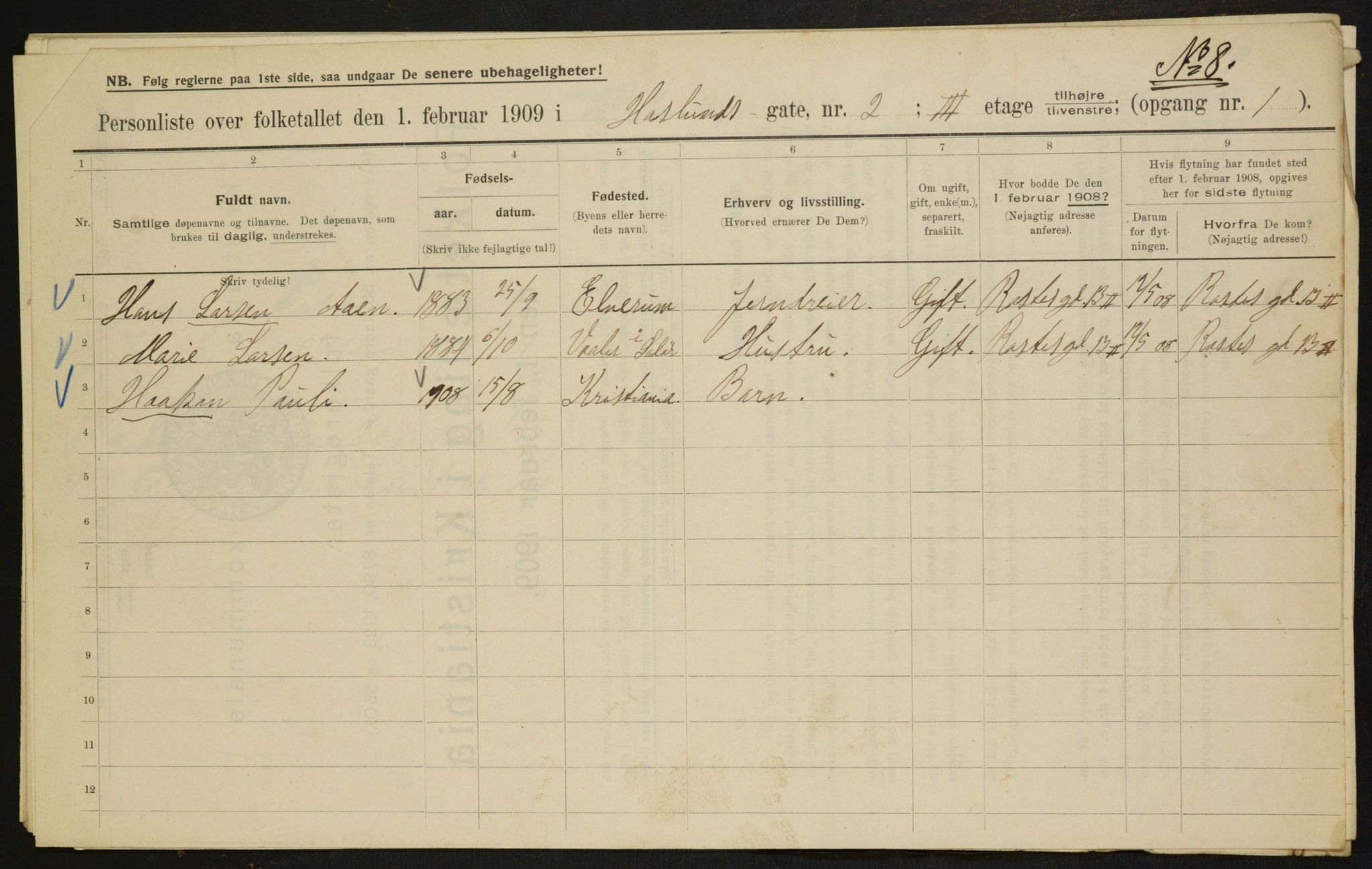 OBA, Municipal Census 1909 for Kristiania, 1909, p. 24222