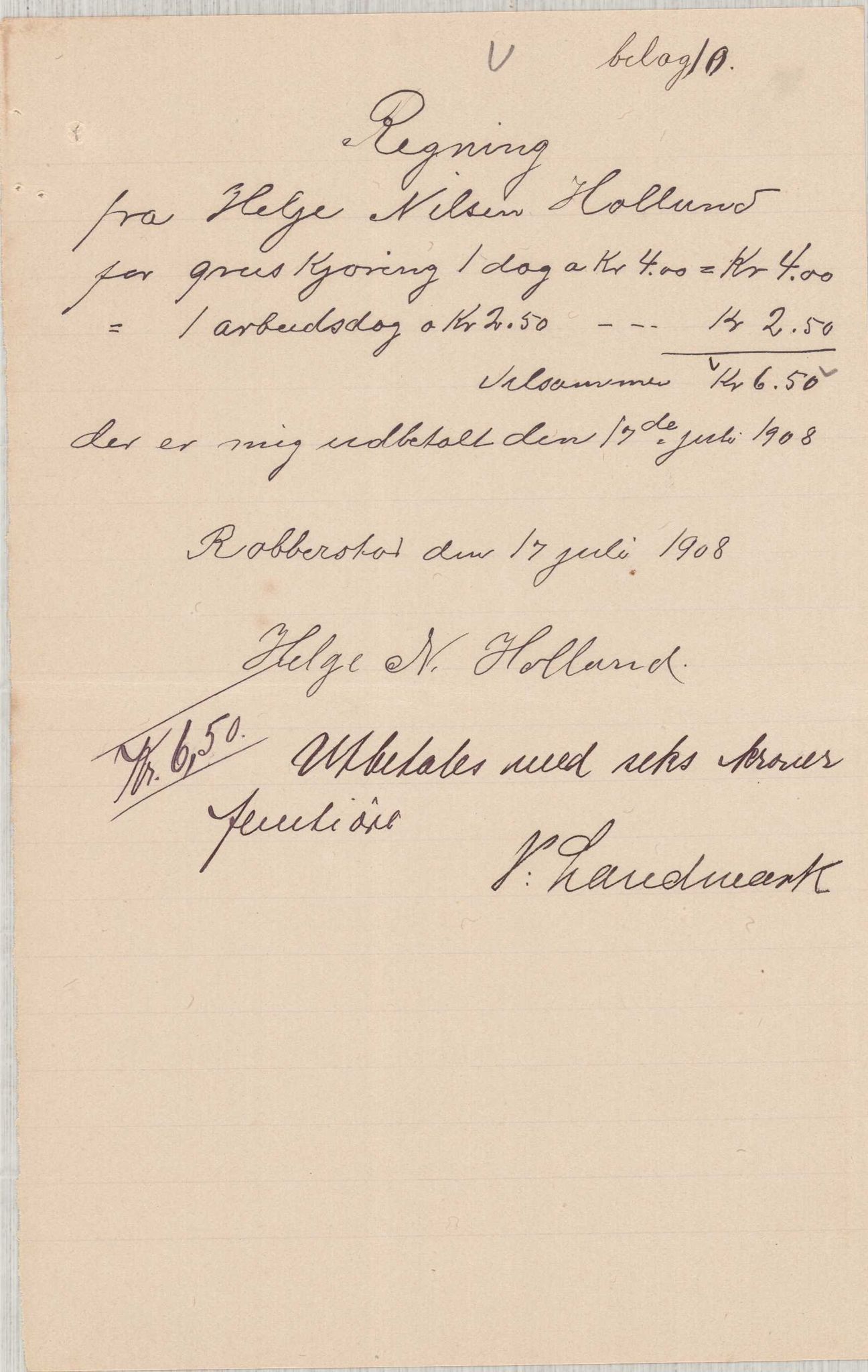 Finnaas kommune. Formannskapet, IKAH/1218a-021/E/Ea/L0002/0005: Rekneskap for veganlegg / Rekneskap for veganlegget Urangsvåg - Mælandsvåg, 1907-1909, p. 45