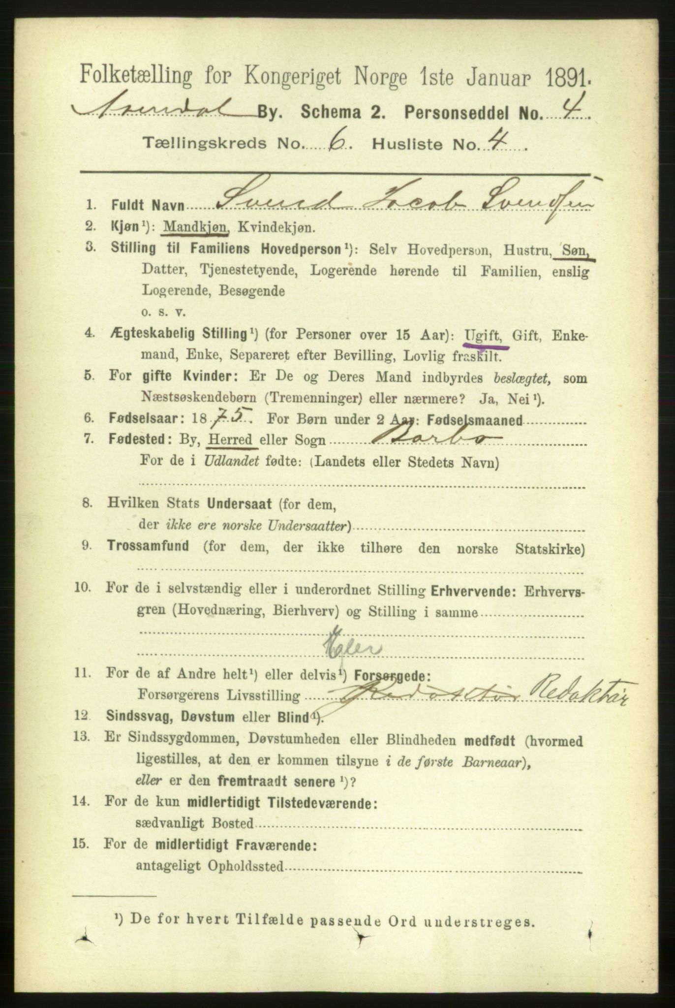 RA, 1891 census for 0903 Arendal, 1891, p. 2162