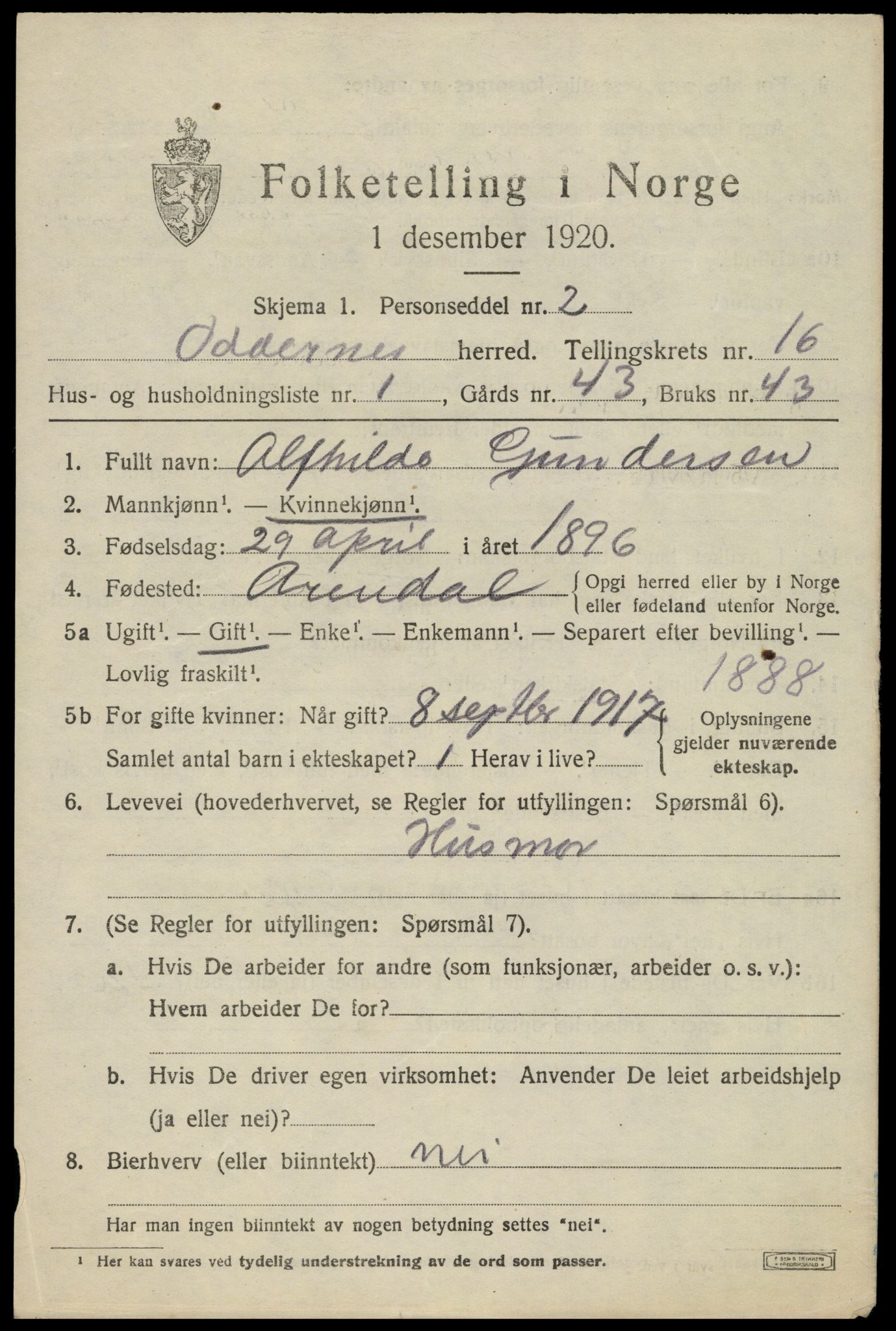 SAK, 1920 census for Oddernes, 1920, p. 11135