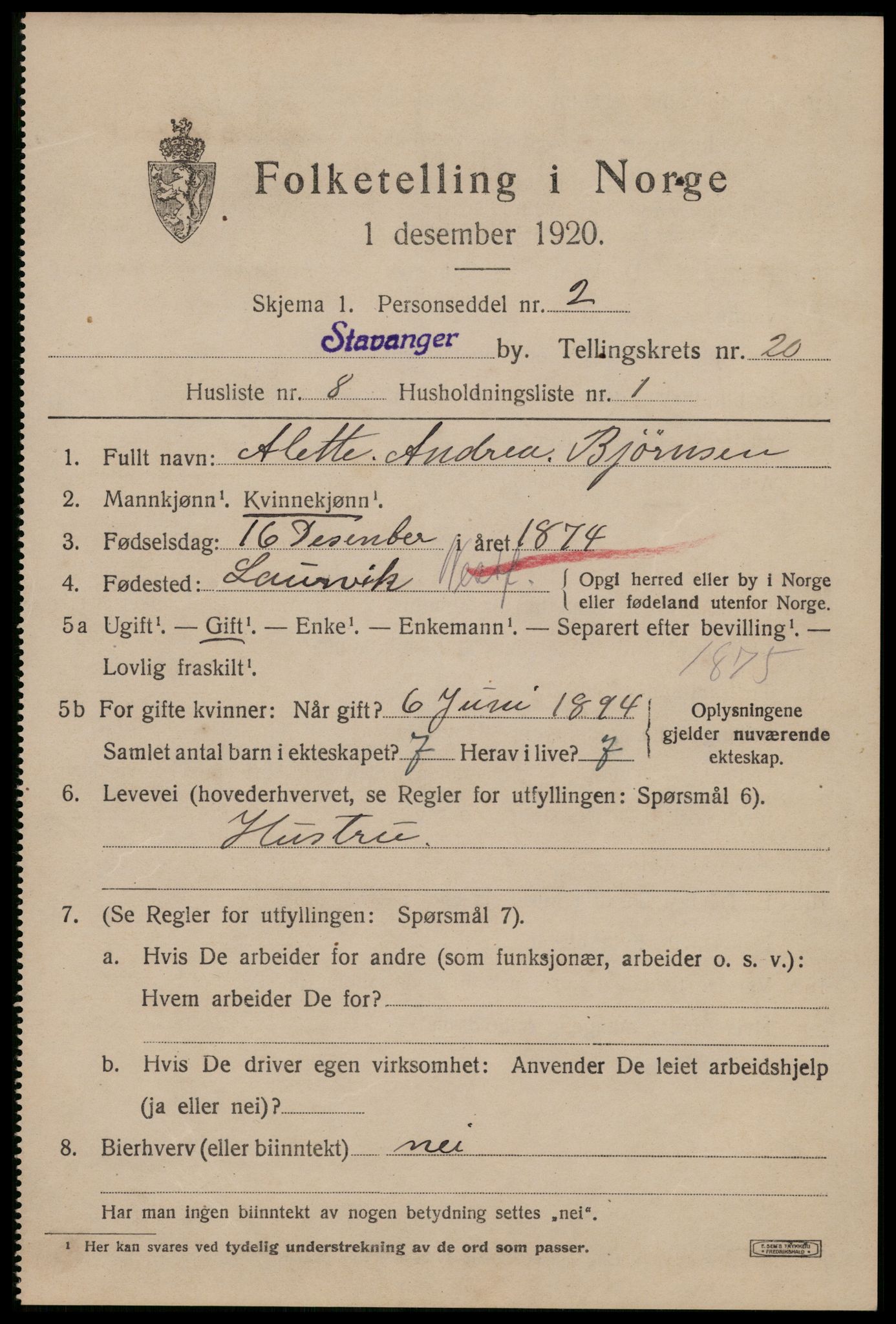 SAST, 1920 census for Stavanger, 1920, p. 70052