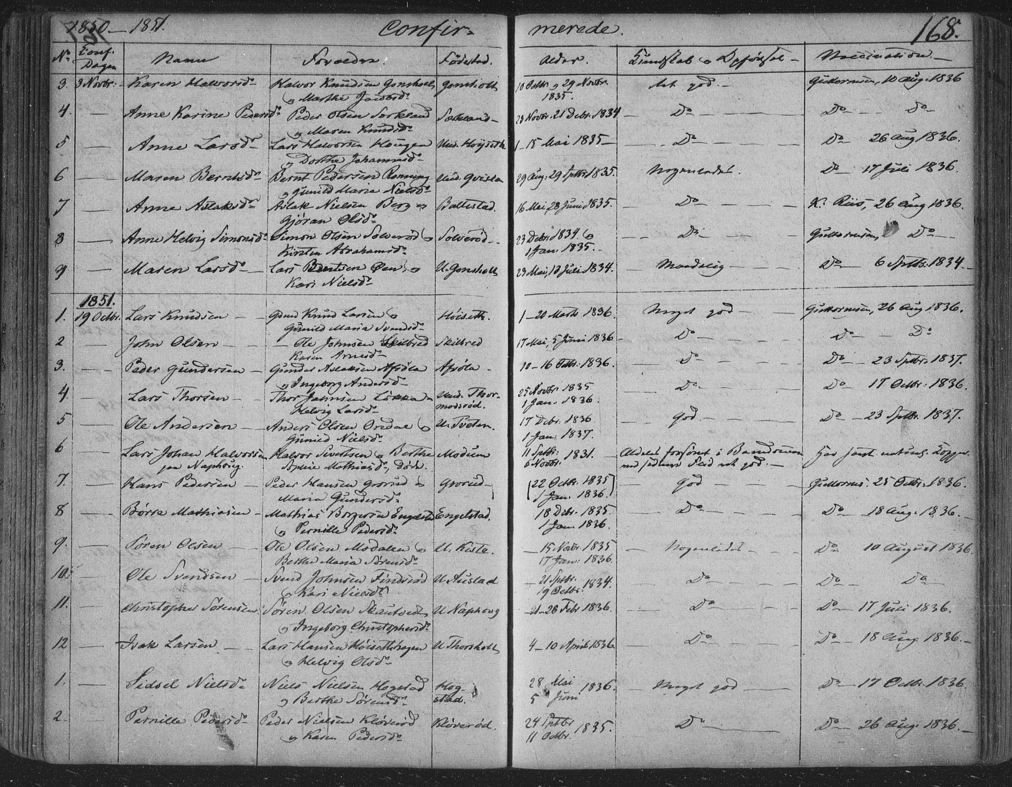 Siljan kirkebøker, SAKO/A-300/F/Fa/L0001: Parish register (official) no. 1, 1831-1870, p. 168
