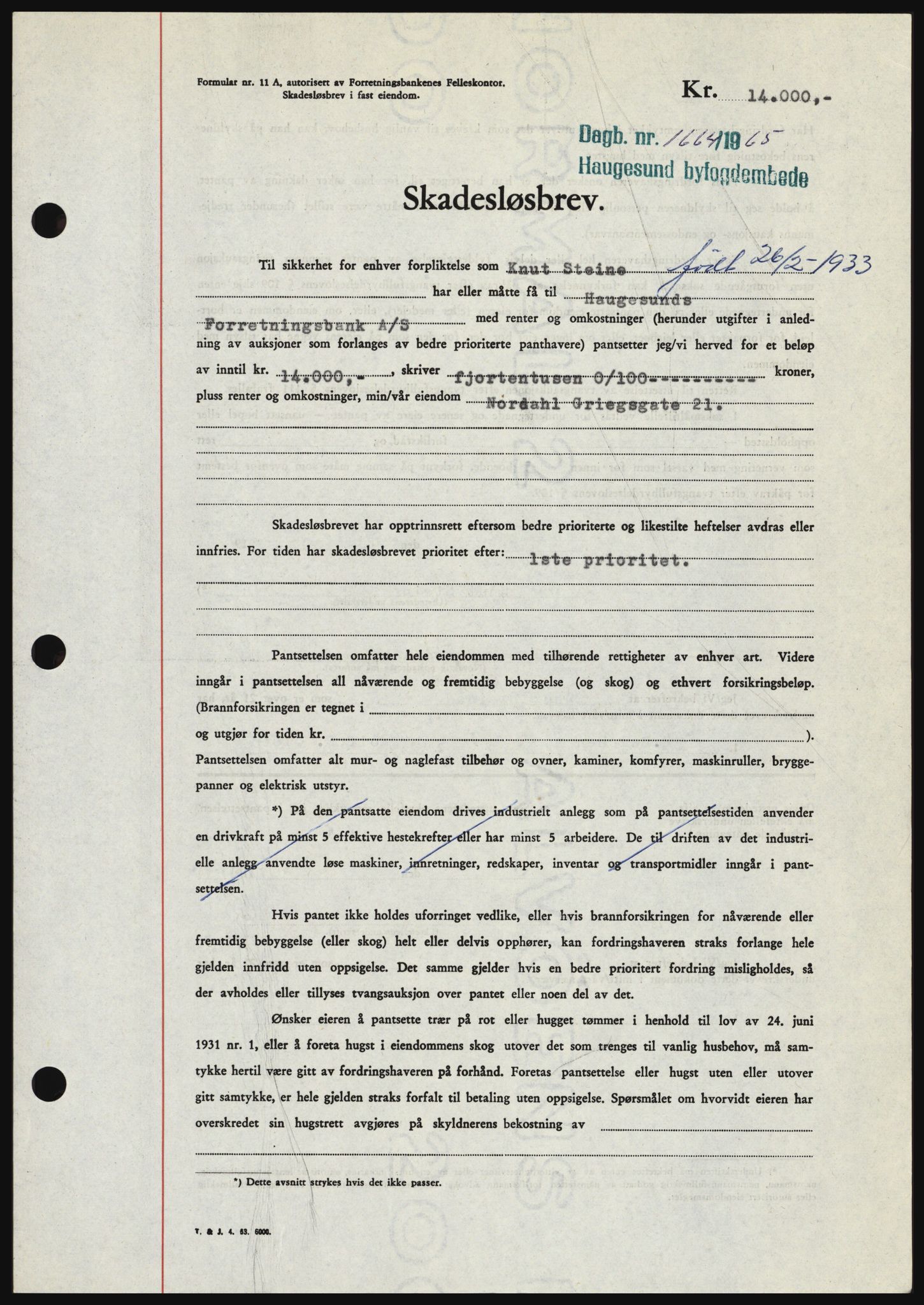 Haugesund tingrett, SAST/A-101415/01/II/IIC/L0053: Mortgage book no. B 53, 1965-1965, Diary no: : 1664/1965