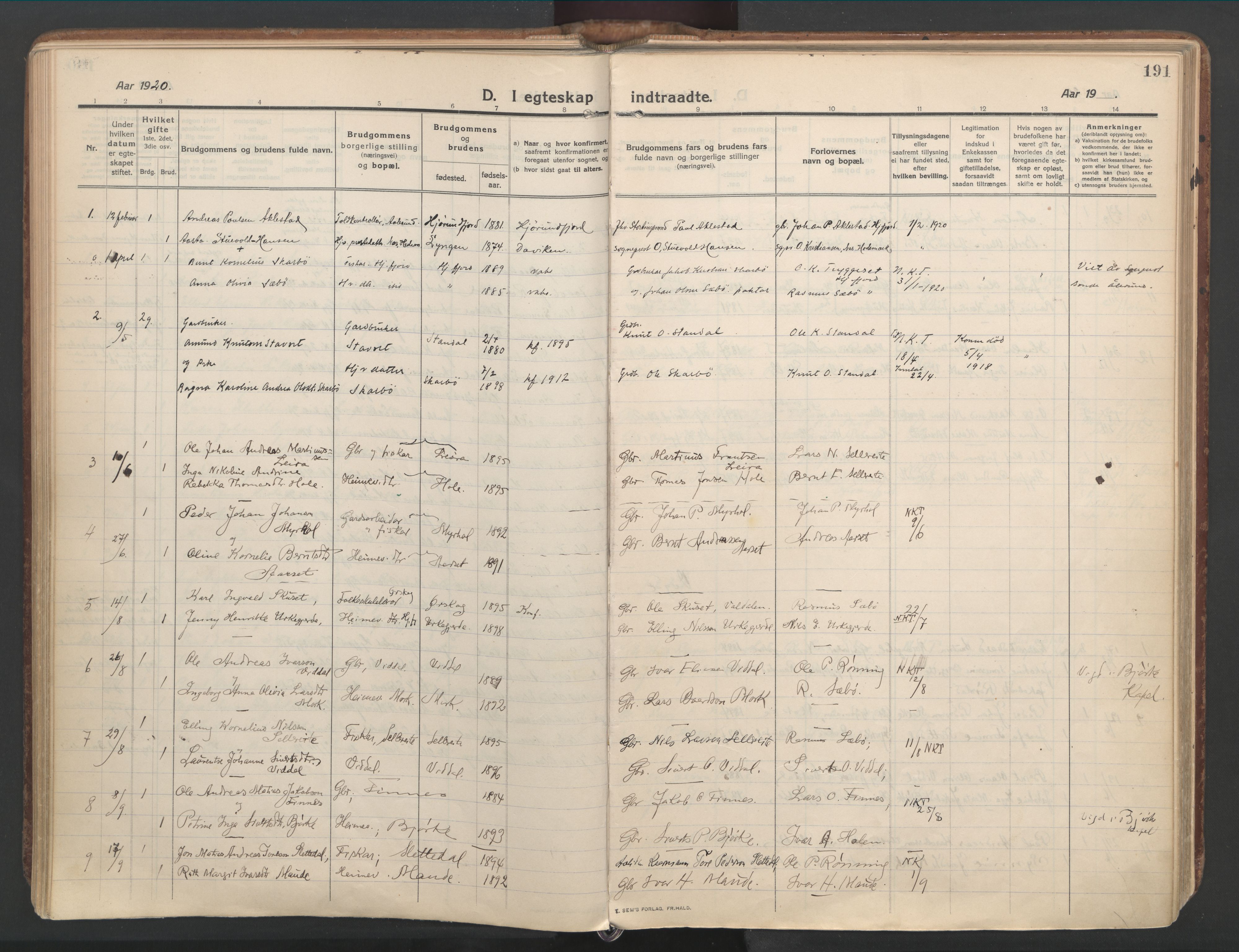 Ministerialprotokoller, klokkerbøker og fødselsregistre - Møre og Romsdal, SAT/A-1454/515/L0212: Parish register (official) no. 515A08, 1911-1935, p. 191