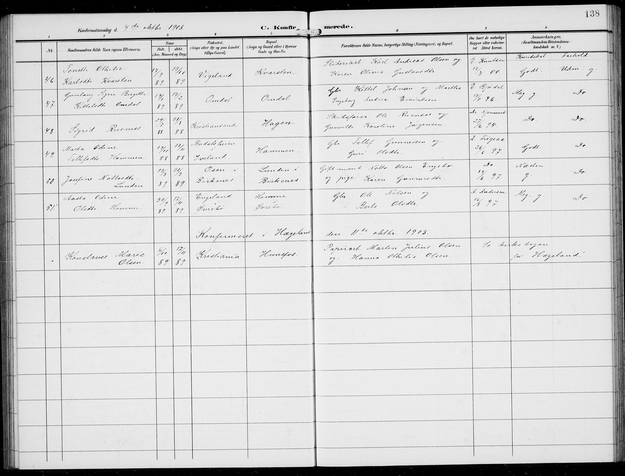 Vennesla sokneprestkontor, AV/SAK-1111-0045/Fb/Fbb/L0005: Parish register (copy) no. B 5, 1903-1913, p. 138