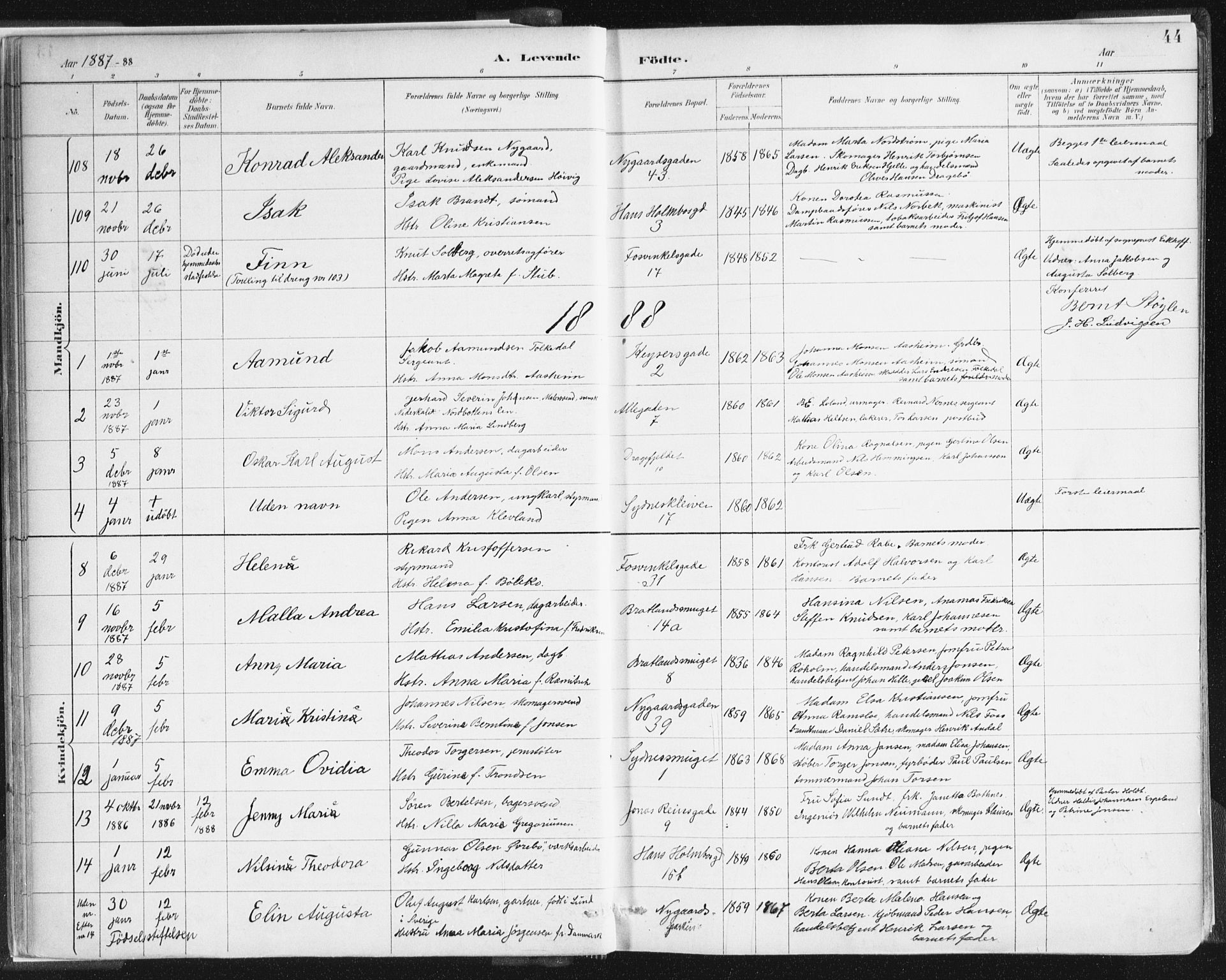 Johanneskirken sokneprestembete, SAB/A-76001/H/Haa/L0001: Parish register (official) no. A 1, 1885-1900, p. 44