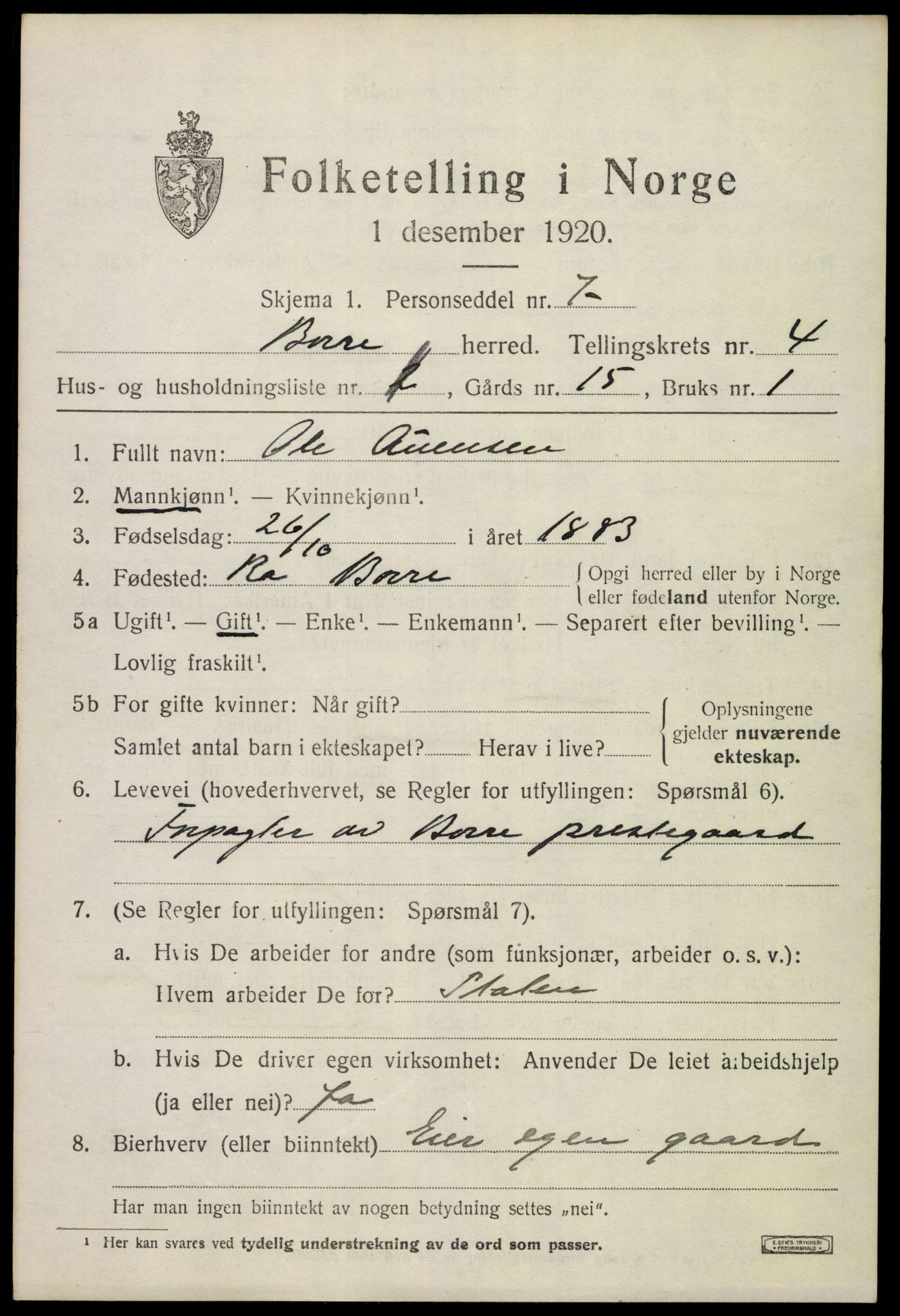 SAKO, 1920 census for Borre, 1920, p. 7146