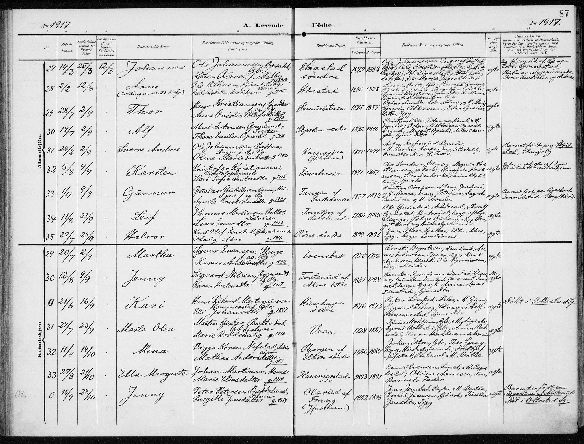 Stange prestekontor, AV/SAH-PREST-002/K/L0024: Parish register (official) no. 24, 1906-1922, p. 87