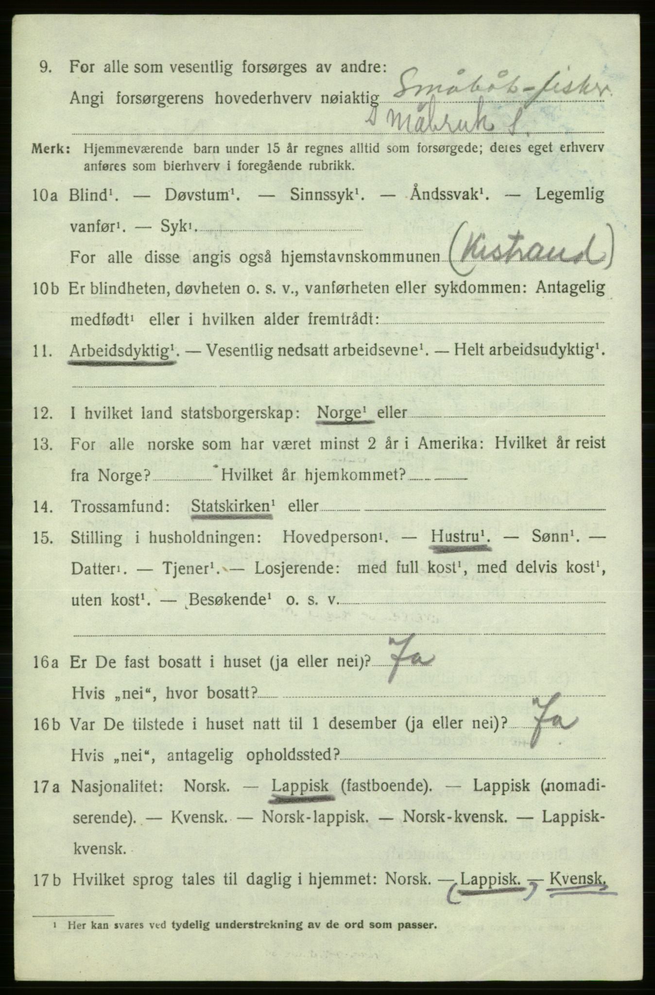 SATØ, 1920 census for Kistrand, 1920, p. 4259