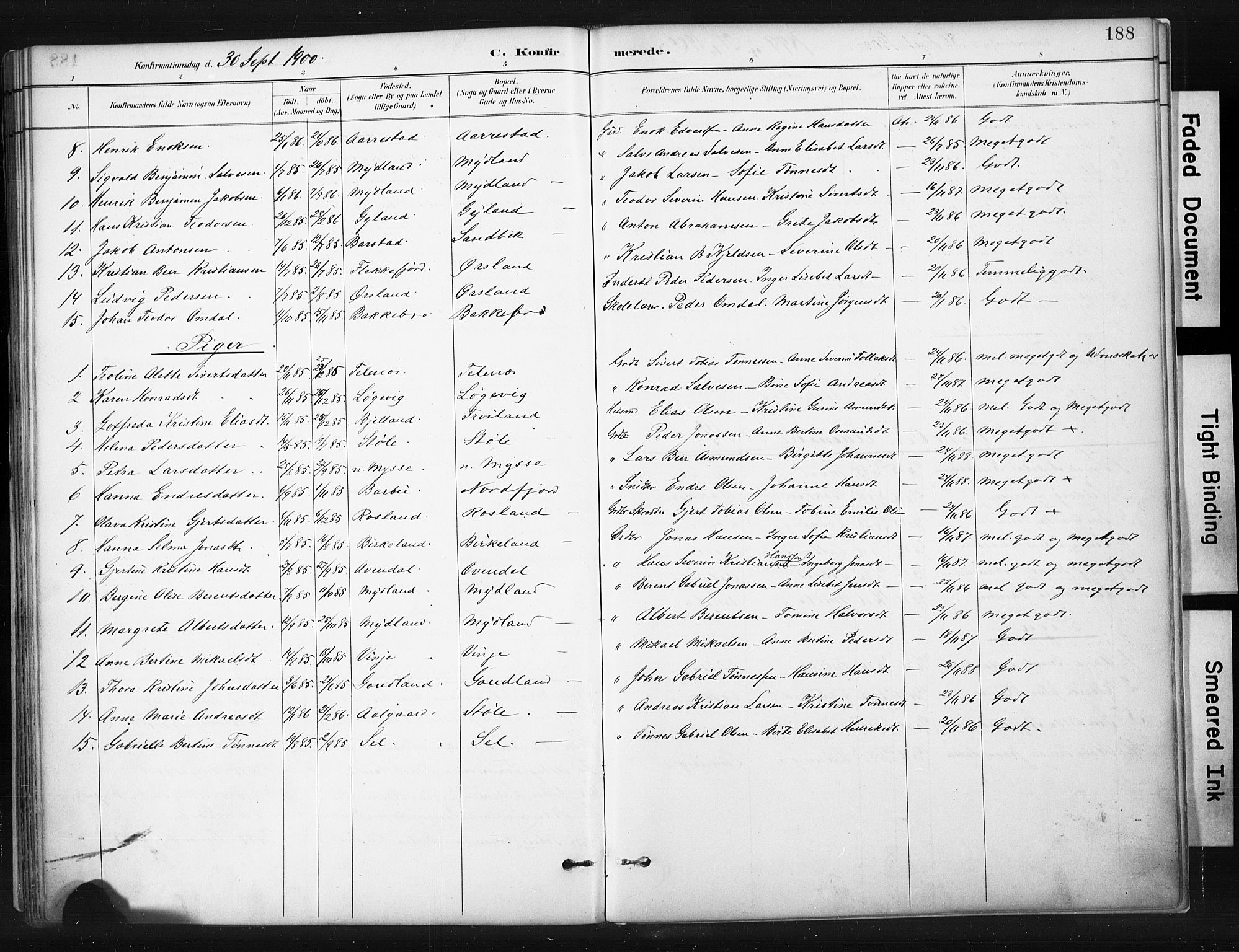 Sokndal sokneprestkontor, SAST/A-101808: Parish register (official) no. A 11.1, 1887-1905, p. 188