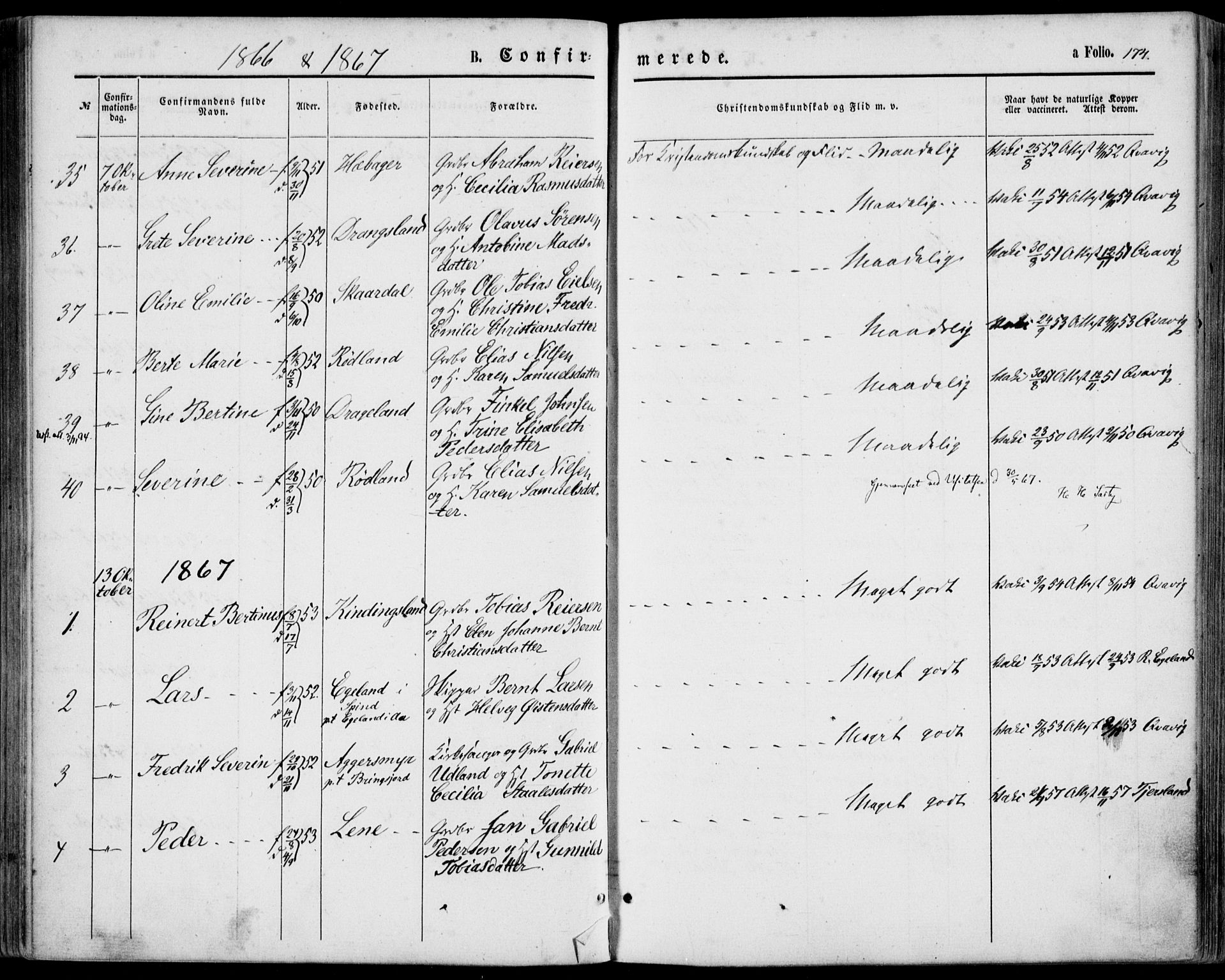 Lyngdal sokneprestkontor, SAK/1111-0029/F/Fa/Fac/L0010: Parish register (official) no. A 10, 1865-1878, p. 174