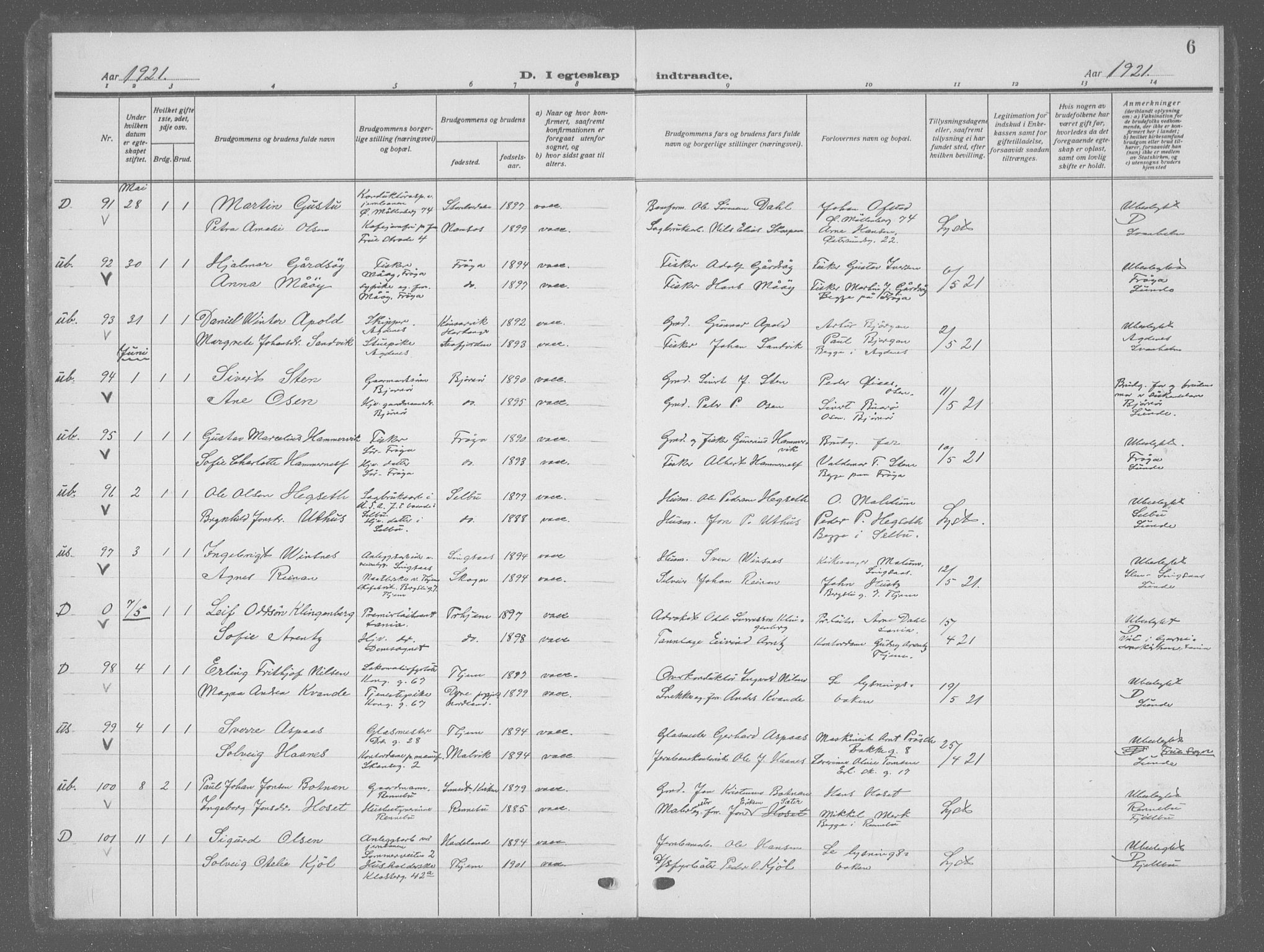 Ministerialprotokoller, klokkerbøker og fødselsregistre - Sør-Trøndelag, AV/SAT-A-1456/601/L0098: Parish register (copy) no. 601C16, 1921-1934, p. 6