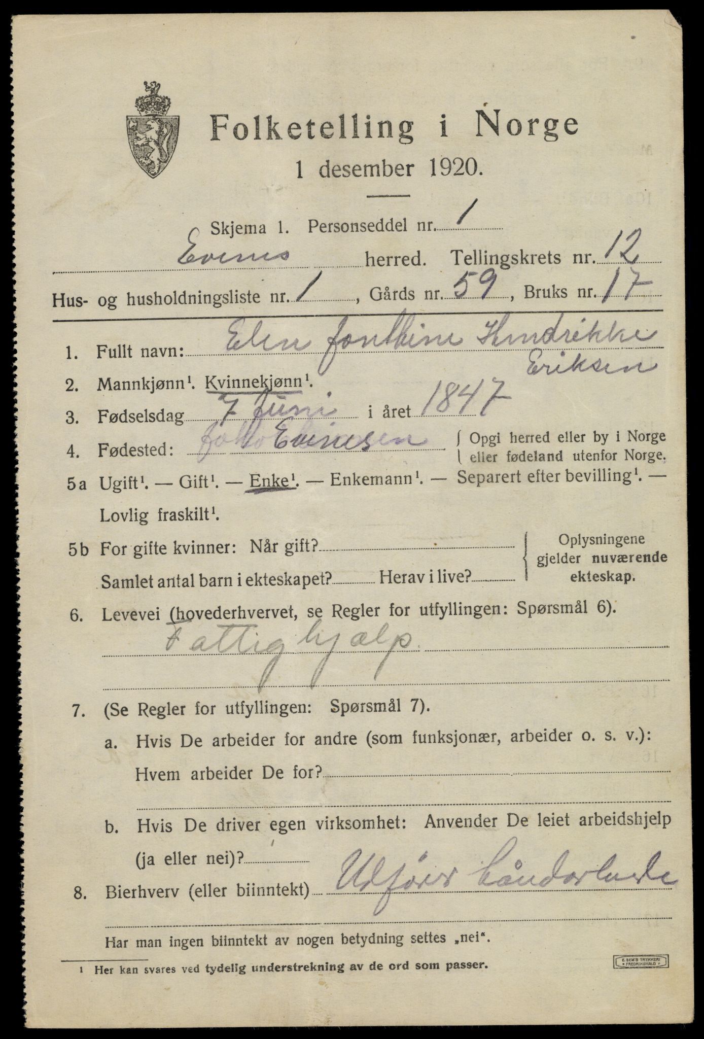 SAT, 1920 census for Evenes, 1920, p. 10996