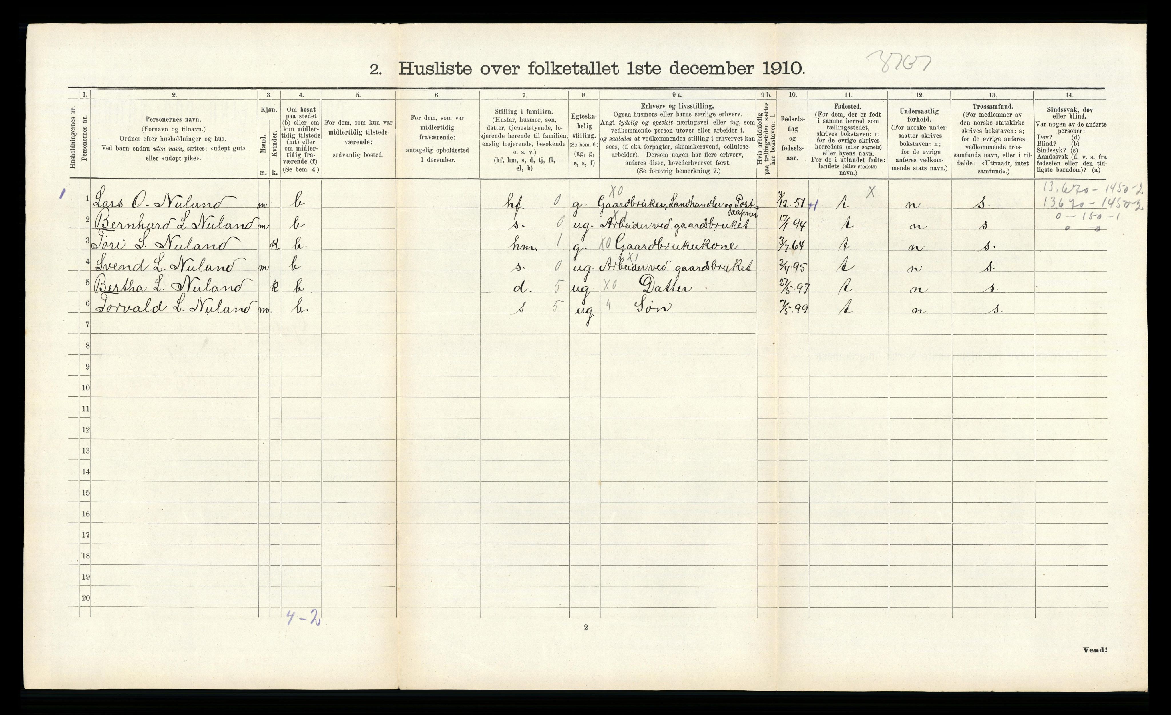 RA, 1910 census for Gyland, 1910, p. 243