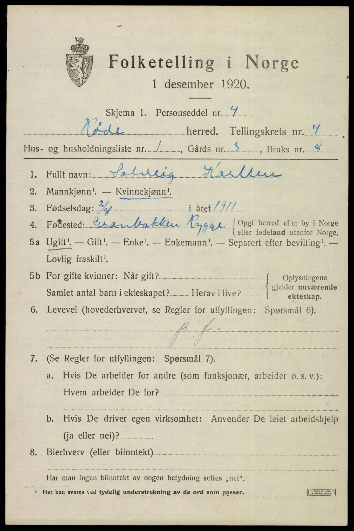 SAO, 1920 census for Råde, 1920, p. 4047