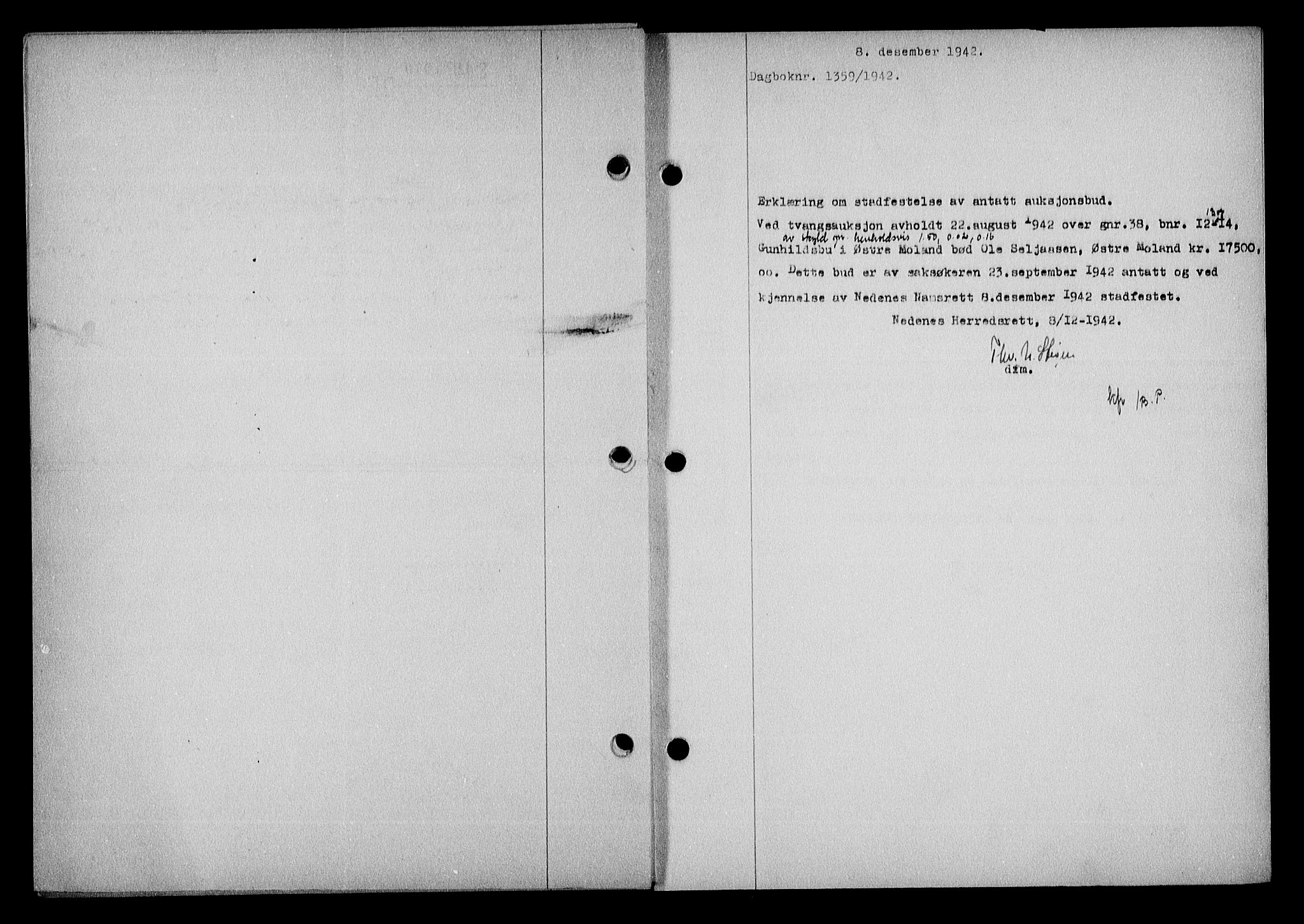Nedenes sorenskriveri, SAK/1221-0006/G/Gb/Gba/L0050: Mortgage book no. A-IV, 1942-1943, Diary no: : 1359/1942