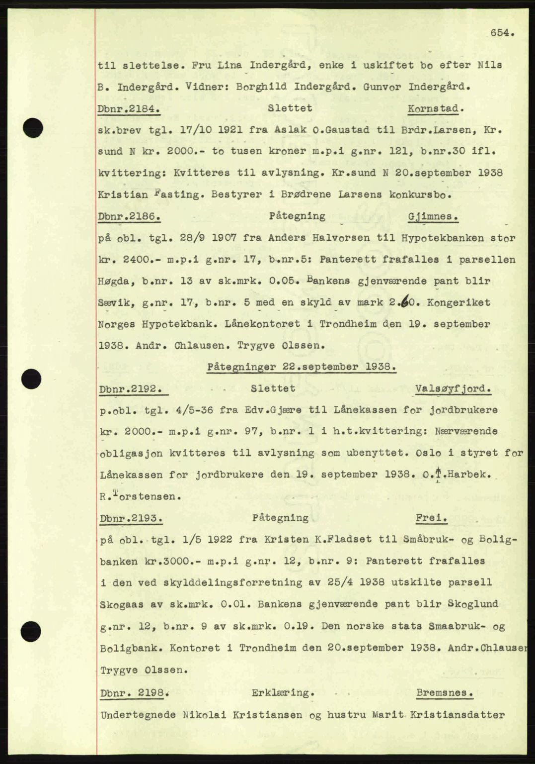 Nordmøre sorenskriveri, AV/SAT-A-4132/1/2/2Ca: Mortgage book no. C80, 1936-1939, Diary no: : 2184/1938