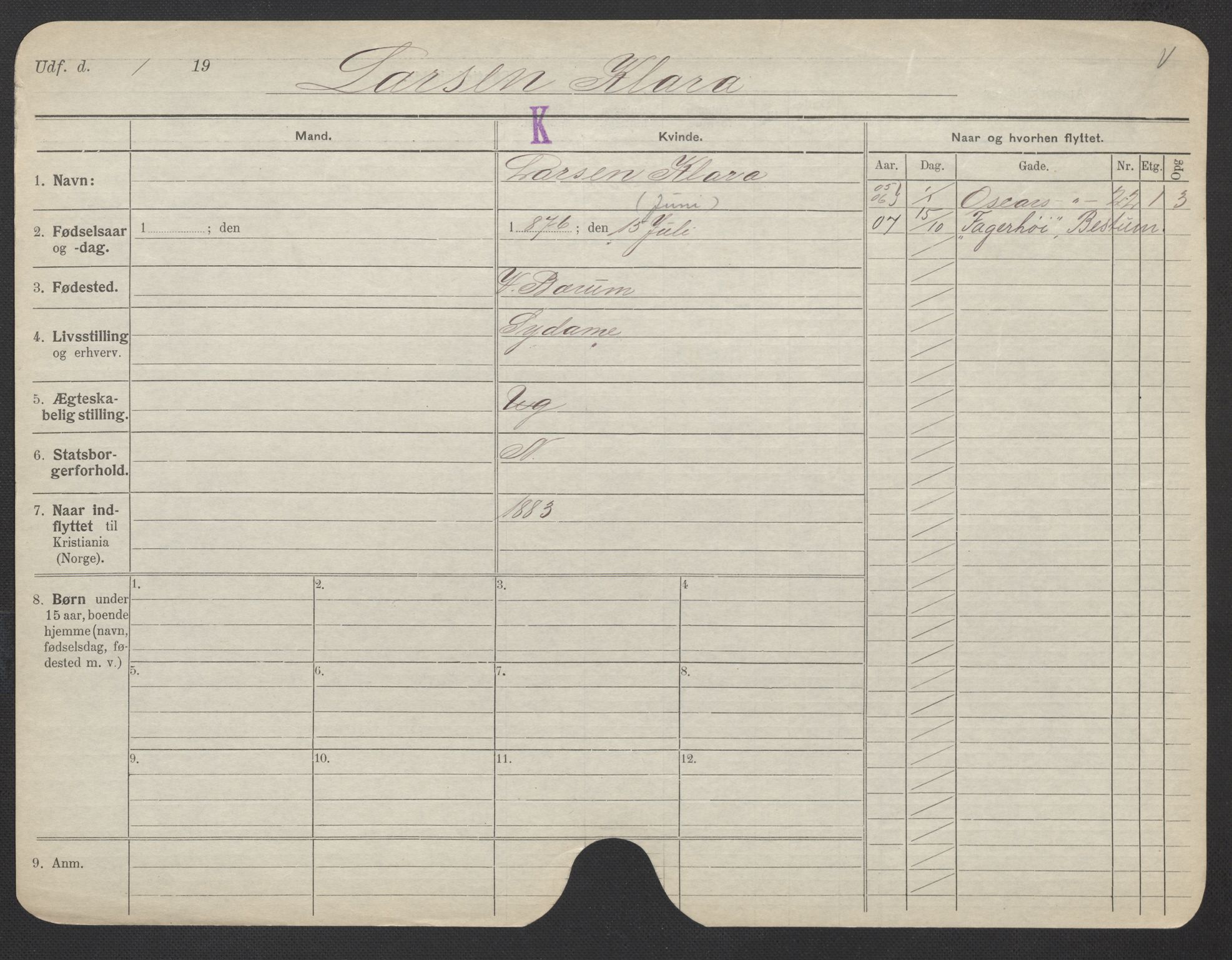 Oslo folkeregister, Registerkort, AV/SAO-A-11715/F/Fa/Fac/L0019: Kvinner, 1906-1914, p. 1009a