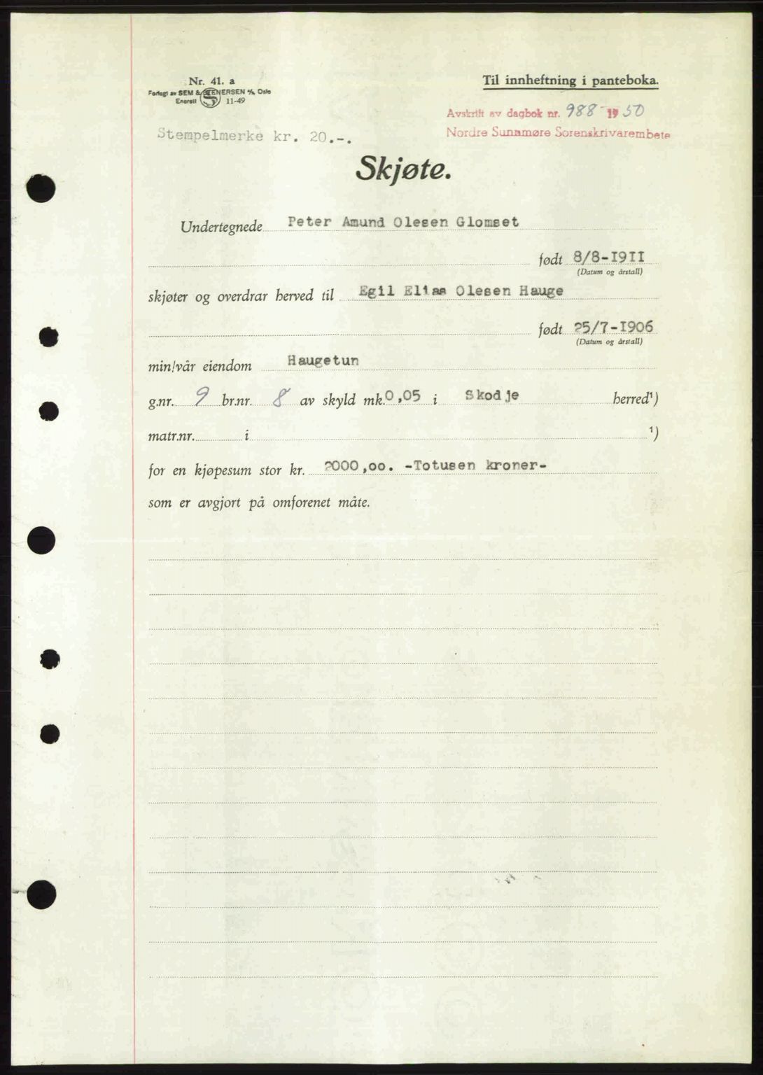 Nordre Sunnmøre sorenskriveri, AV/SAT-A-0006/1/2/2C/2Ca: Mortgage book no. A34, 1950-1950, Diary no: : 988/1950