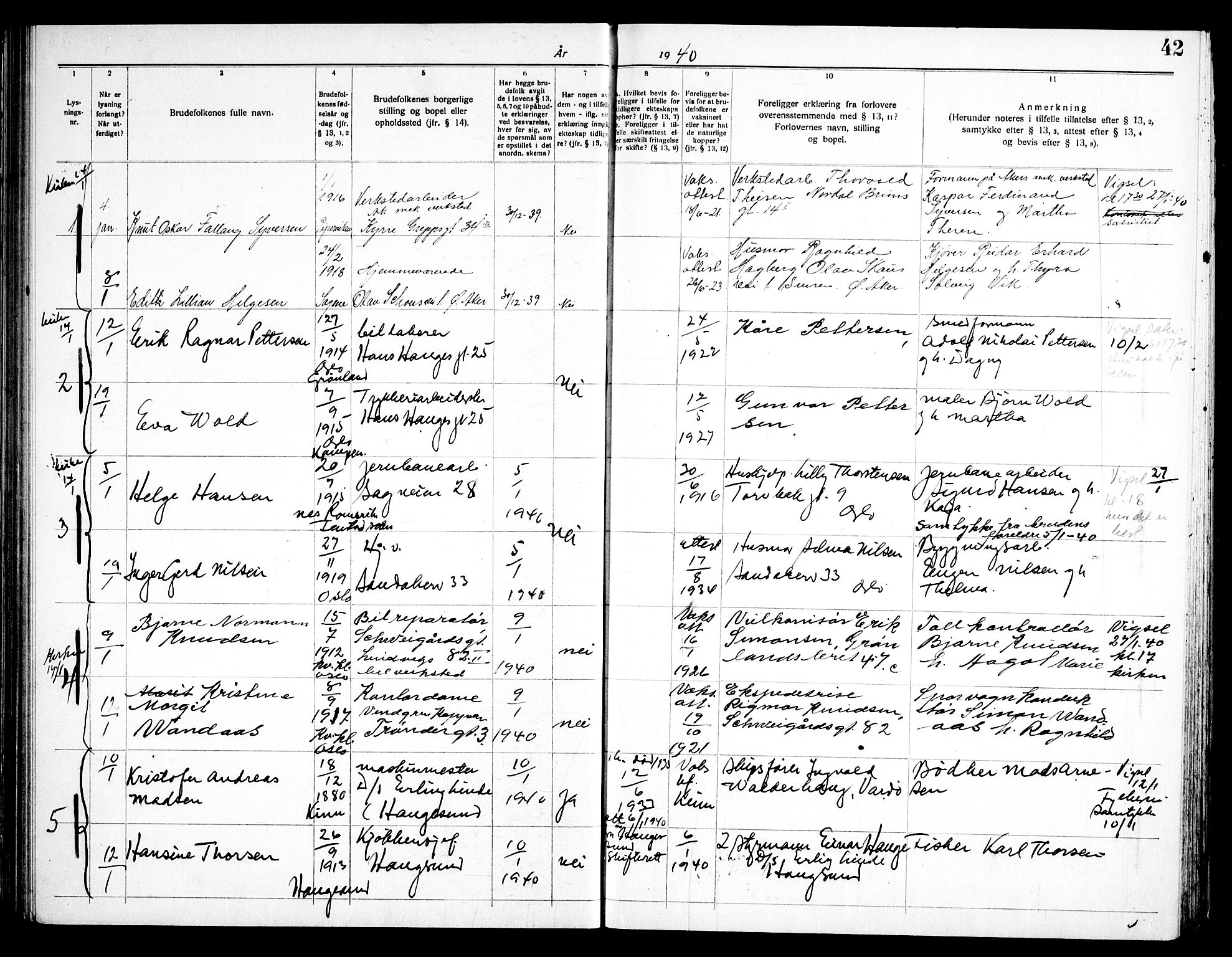 Torshov prestekontor Kirkebøker, SAO/A-10238a/H/Ha/L0002: Banns register no. 2, 1938-1945, p. 42