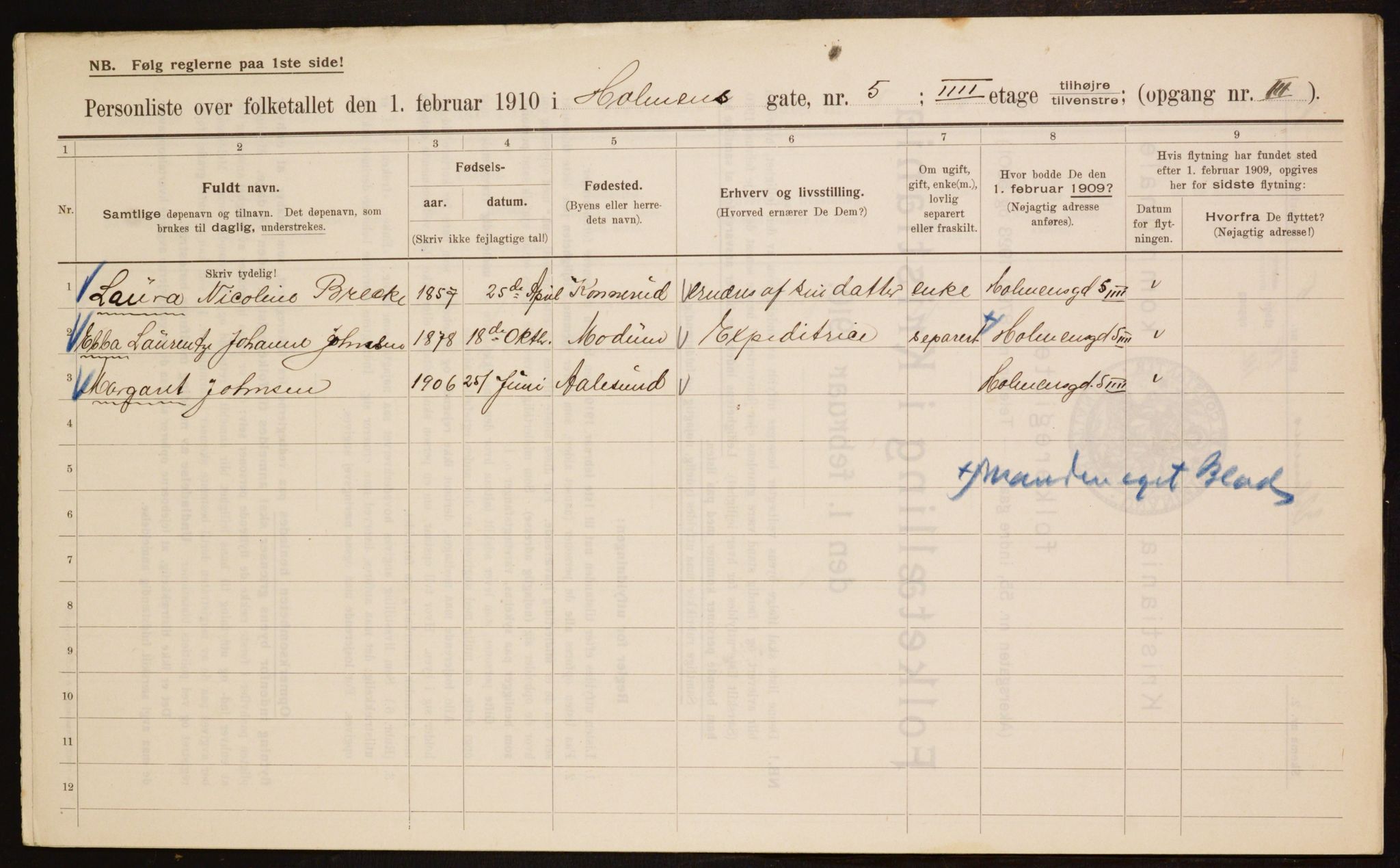 OBA, Municipal Census 1910 for Kristiania, 1910, p. 40057