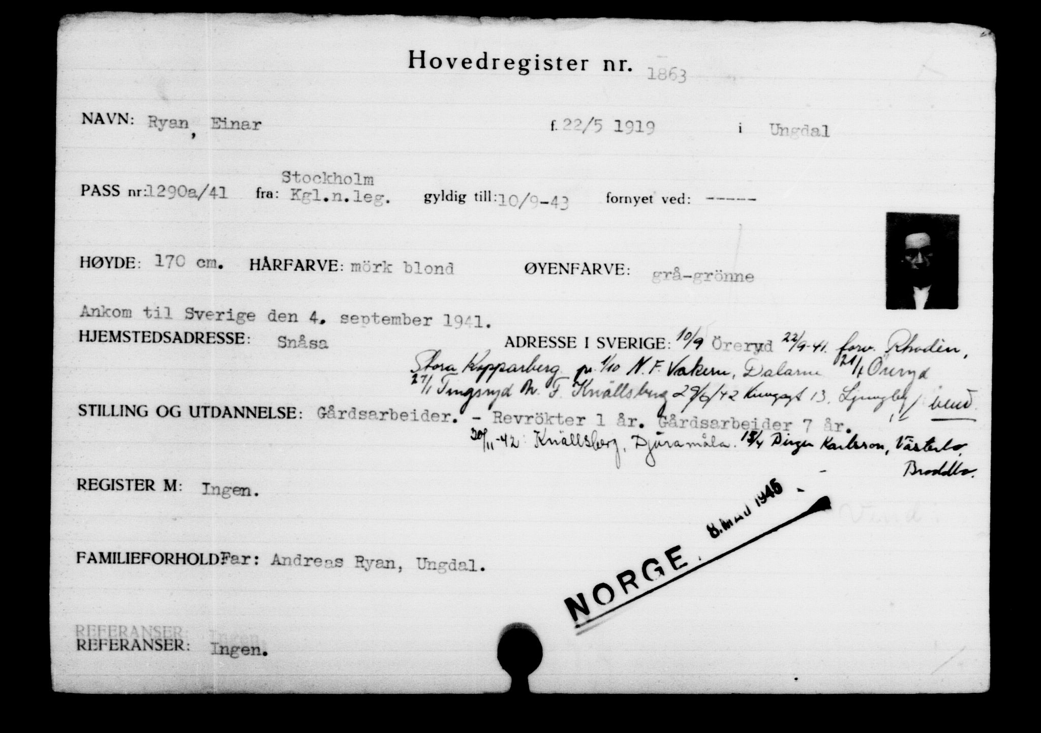 Den Kgl. Norske Legasjons Flyktningskontor, AV/RA-S-6753/V/Va/L0002: Kjesäterkartoteket.  Flyktningenr. 1001-2000, 1940-1945, p. 1229