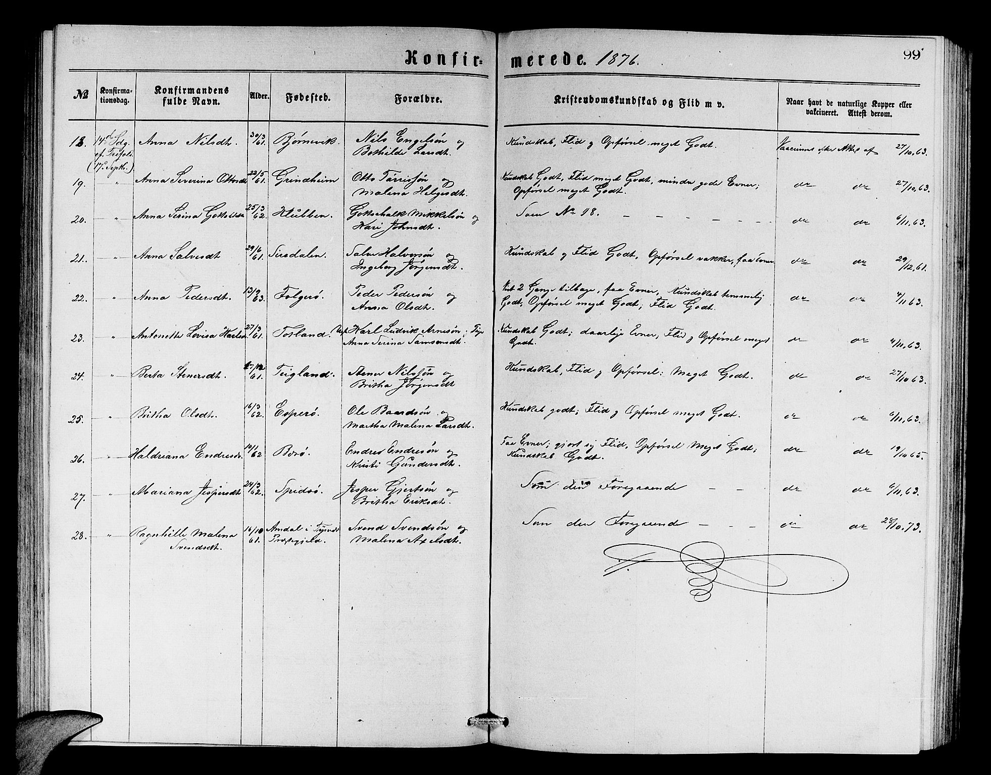 Finnås sokneprestembete, SAB/A-99925/H/Ha/Hab/Haba/L0002: Parish register (copy) no. A 2, 1873-1882, p. 99