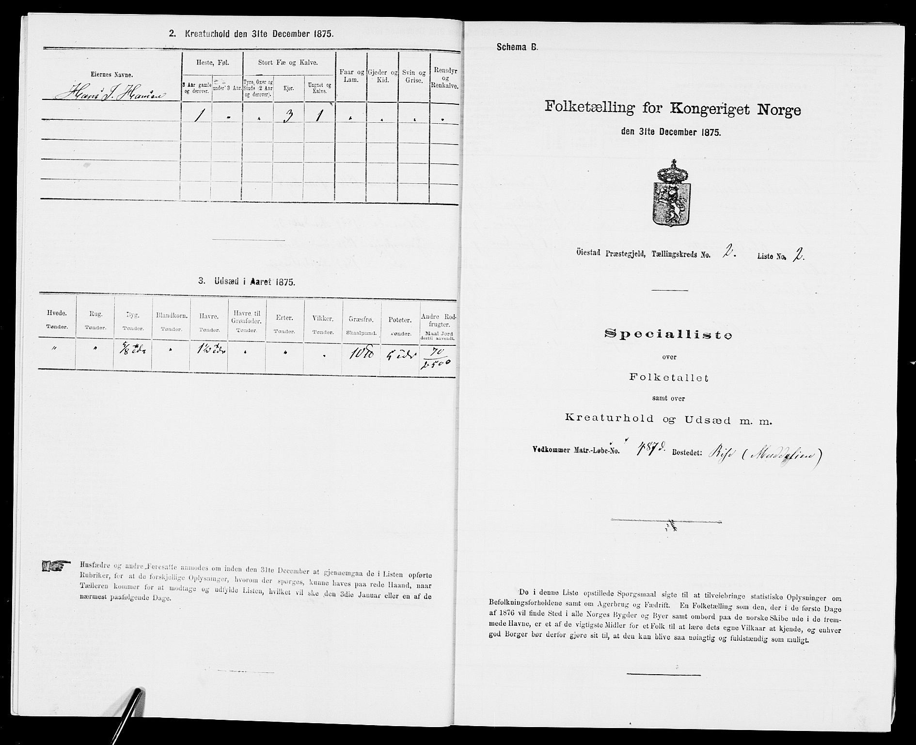 SAK, 1875 census for 0920P Øyestad, 1875, p. 142