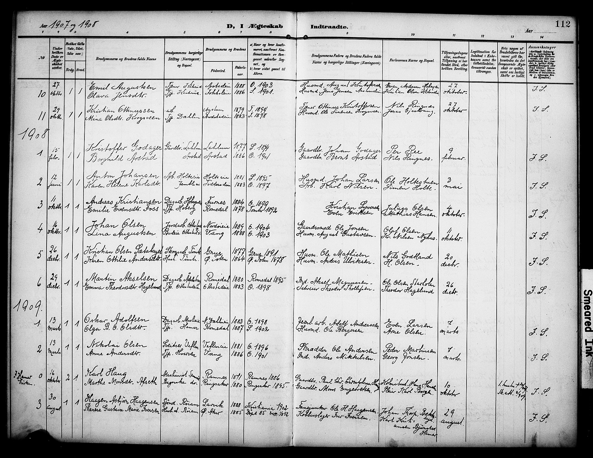 Stange prestekontor, AV/SAH-PREST-002/K/L0022: Parish register (official) no. 22, 1903-1914, p. 112