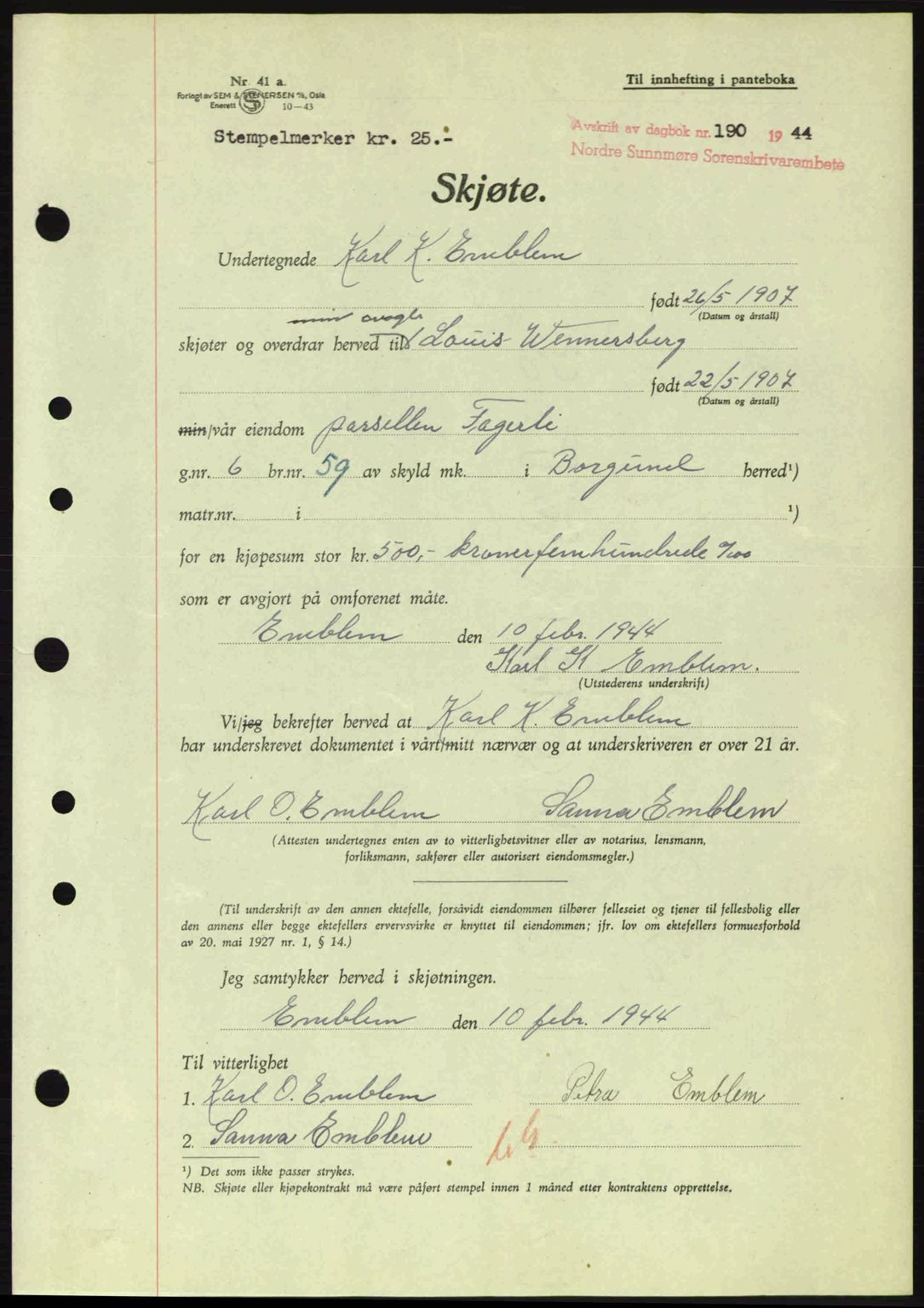 Nordre Sunnmøre sorenskriveri, AV/SAT-A-0006/1/2/2C/2Ca: Mortgage book no. A17, 1943-1944, Diary no: : 190/1944