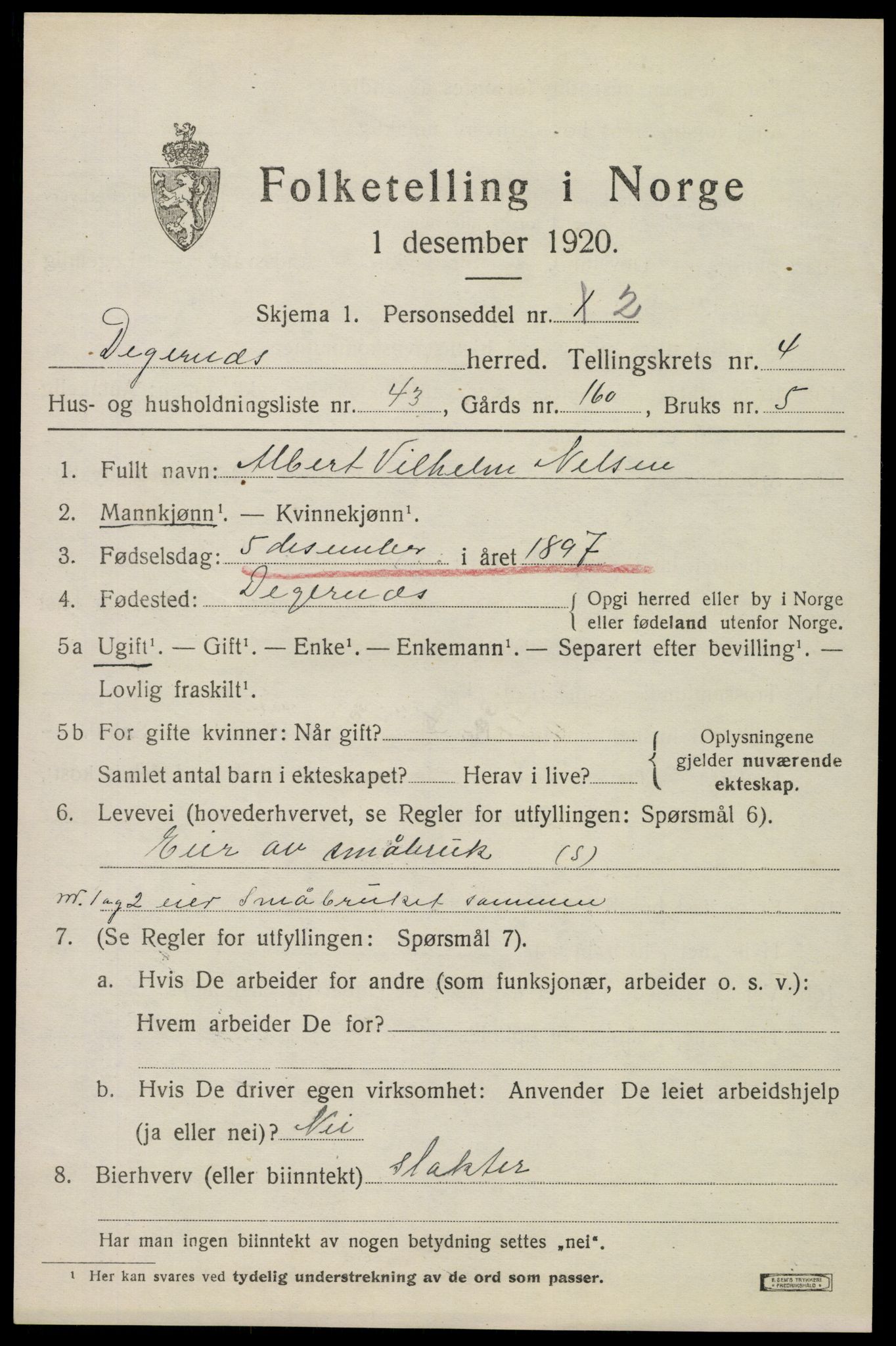 SAO, 1920 census for Degernes, 1920, p. 2734