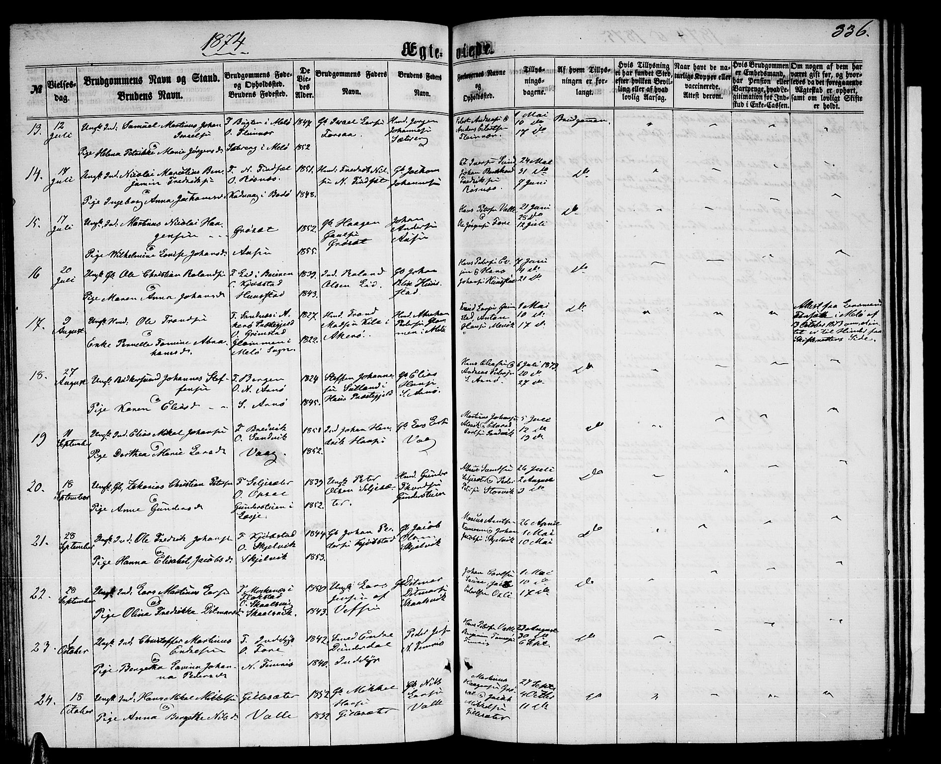 Ministerialprotokoller, klokkerbøker og fødselsregistre - Nordland, AV/SAT-A-1459/805/L0107: Parish register (copy) no. 805C03, 1862-1885, p. 336