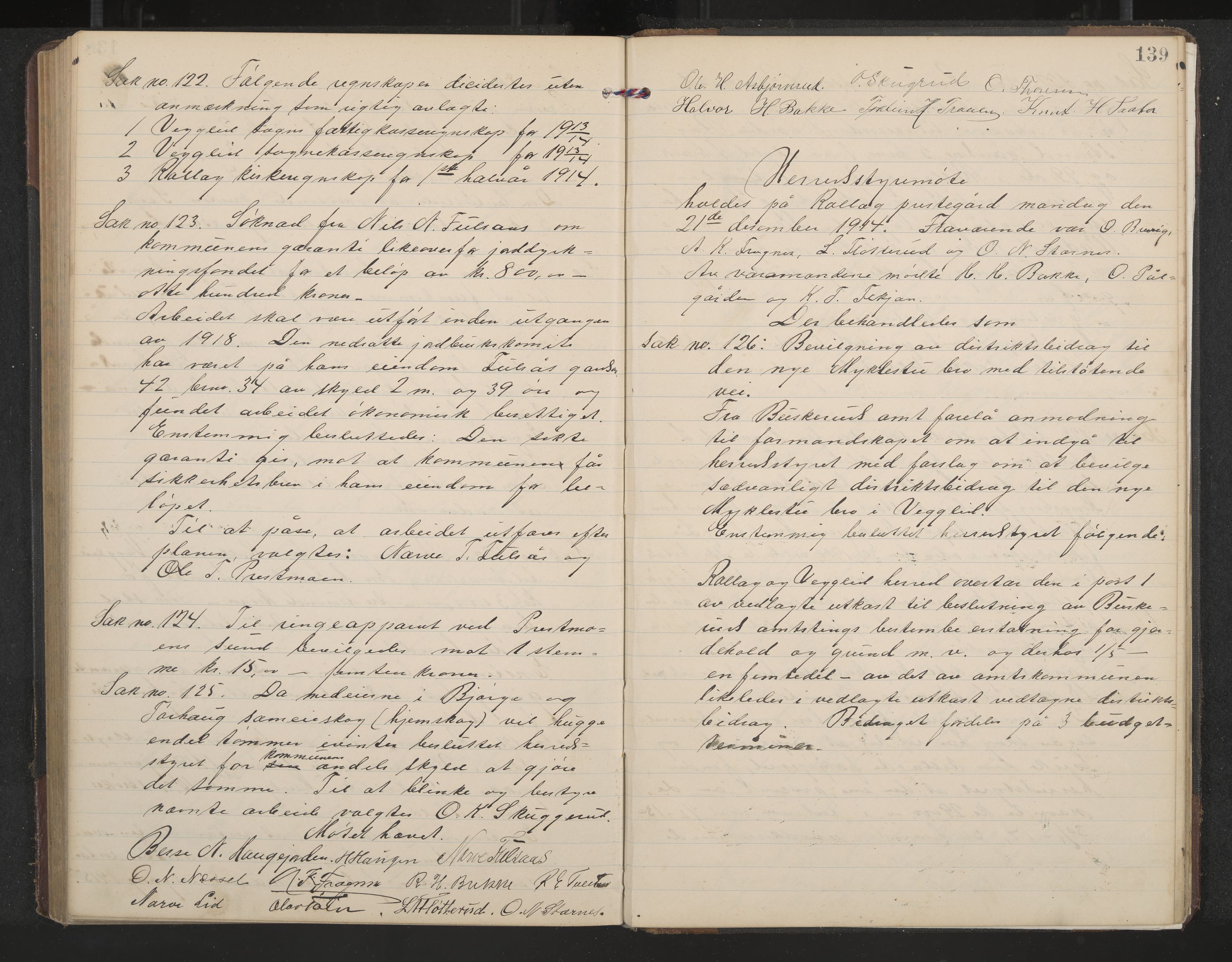 Rollag formannskap og sentraladministrasjon, IKAK/0632021-2/A/Aa/L0005: Møtebok, 1909-1915, p. 139