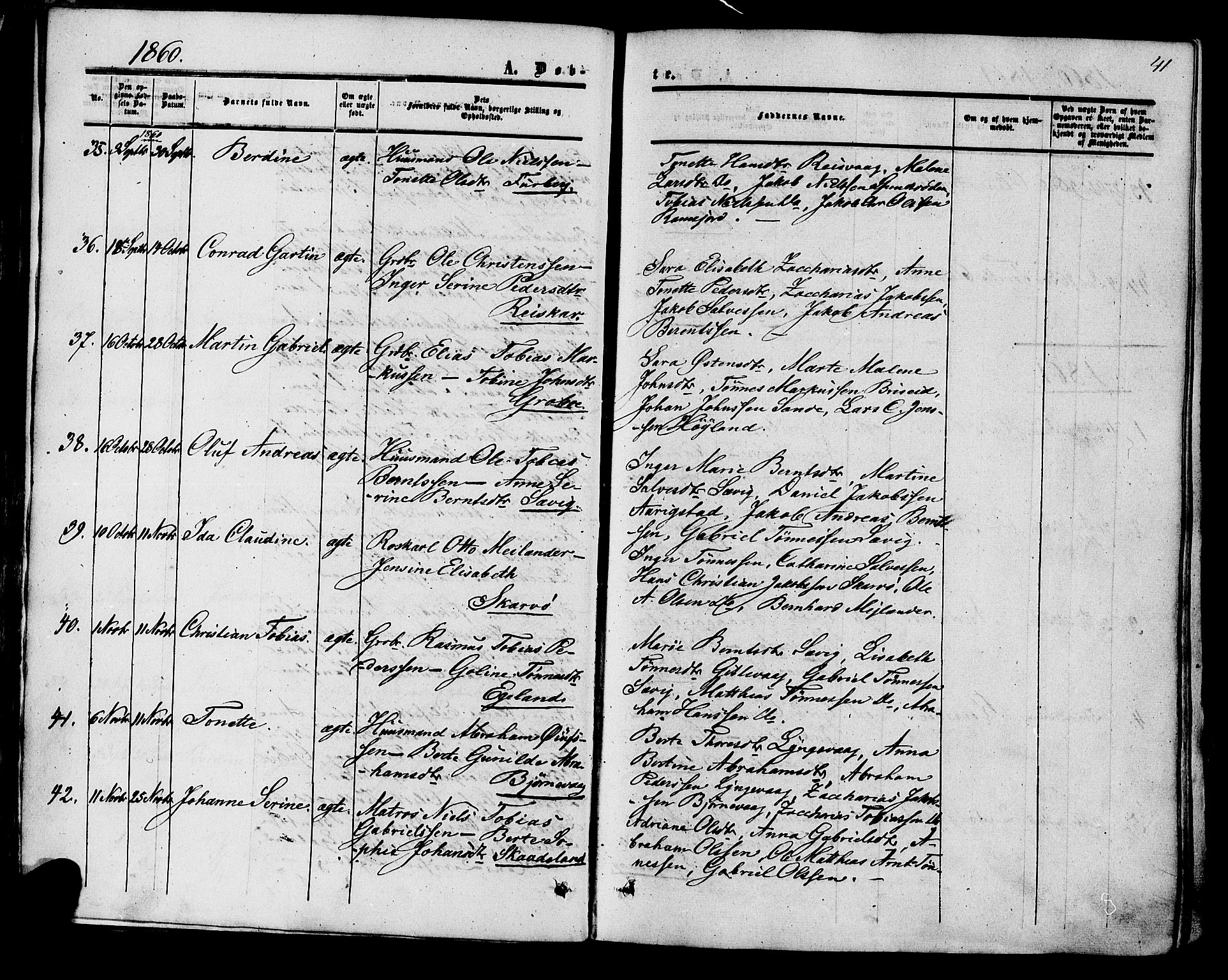Herad sokneprestkontor, SAK/1111-0018/F/Fa/Fab/L0004: Parish register (official) no. A 4, 1853-1885, p. 41