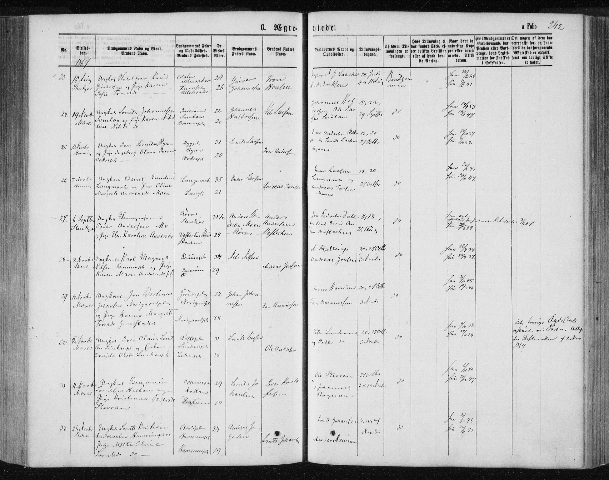 Ministerialprotokoller, klokkerbøker og fødselsregistre - Nord-Trøndelag, SAT/A-1458/735/L0345: Parish register (official) no. 735A08 /1, 1863-1872, p. 242